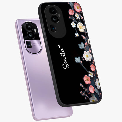 Black Elegance Floral Custom Name Glass Case displayed in angled mockup highlighting dark floral aesthetic and custom name feature.