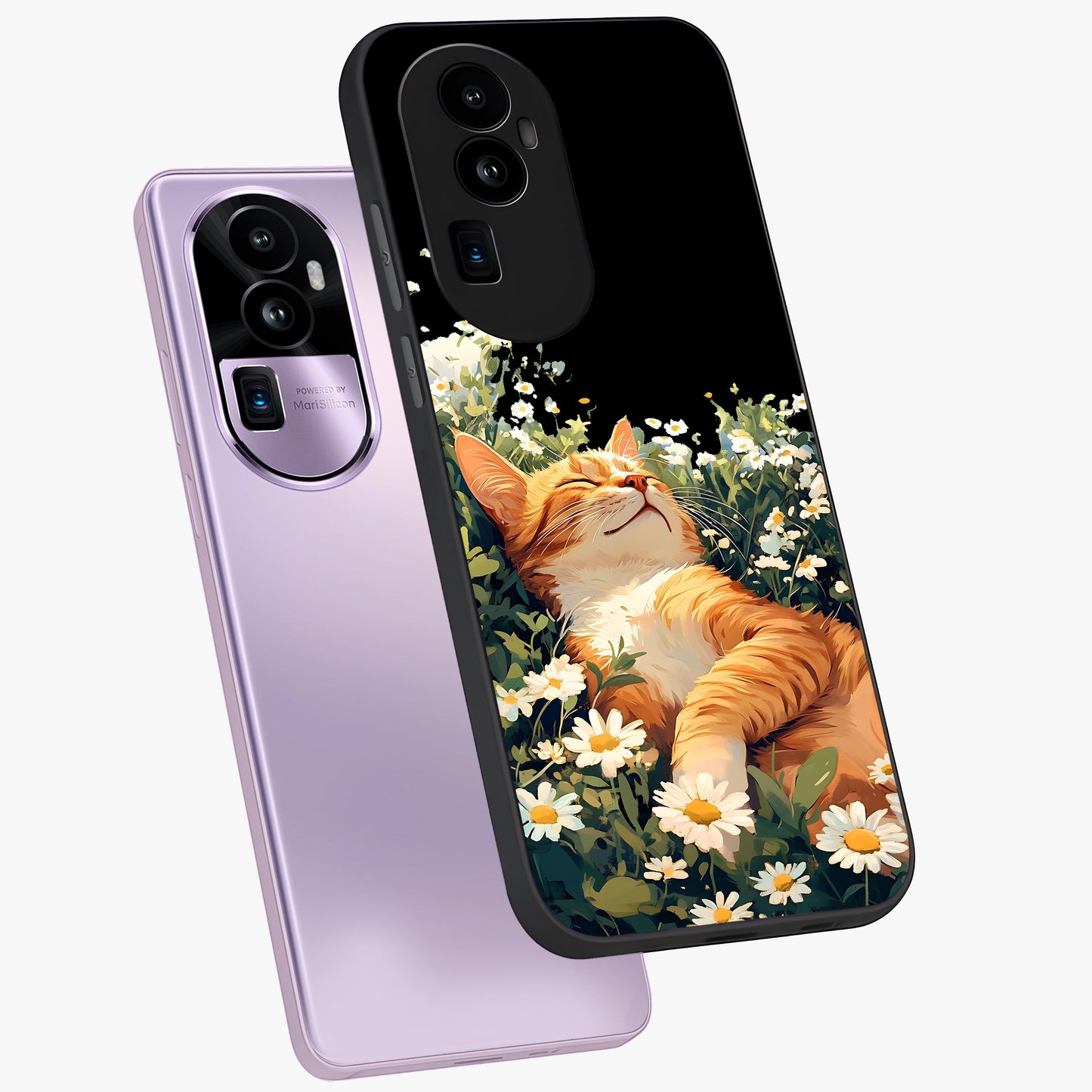 Blissful Bloom Cat Glass Case displayed in angled mockup highlighting playful feline illustration with soft floral aesthetic.