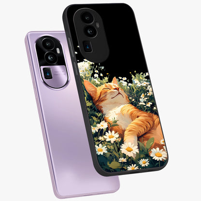 Blissful Bloom Cat Glass Case displayed in angled mockup highlighting playful feline illustration with soft floral aesthetic.
