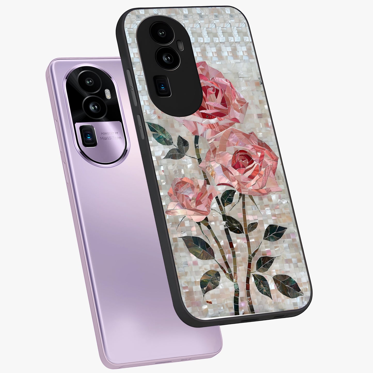 Blush Mosaic Bloom Glass Case displayed in angled mockup highlighting artistic mosaic flower pattern with aesthetic design.