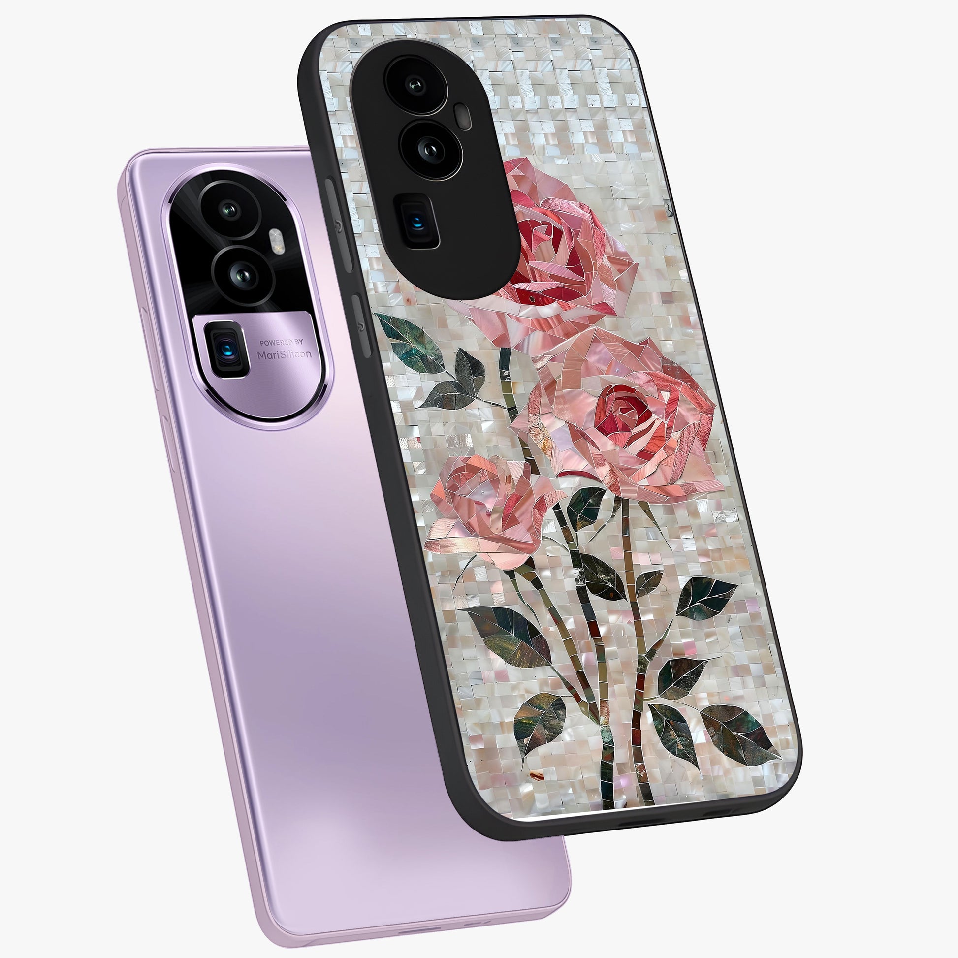 Blush Mosaic Bloom Glass Case displayed in angled mockup highlighting artistic mosaic flower pattern with aesthetic design.
