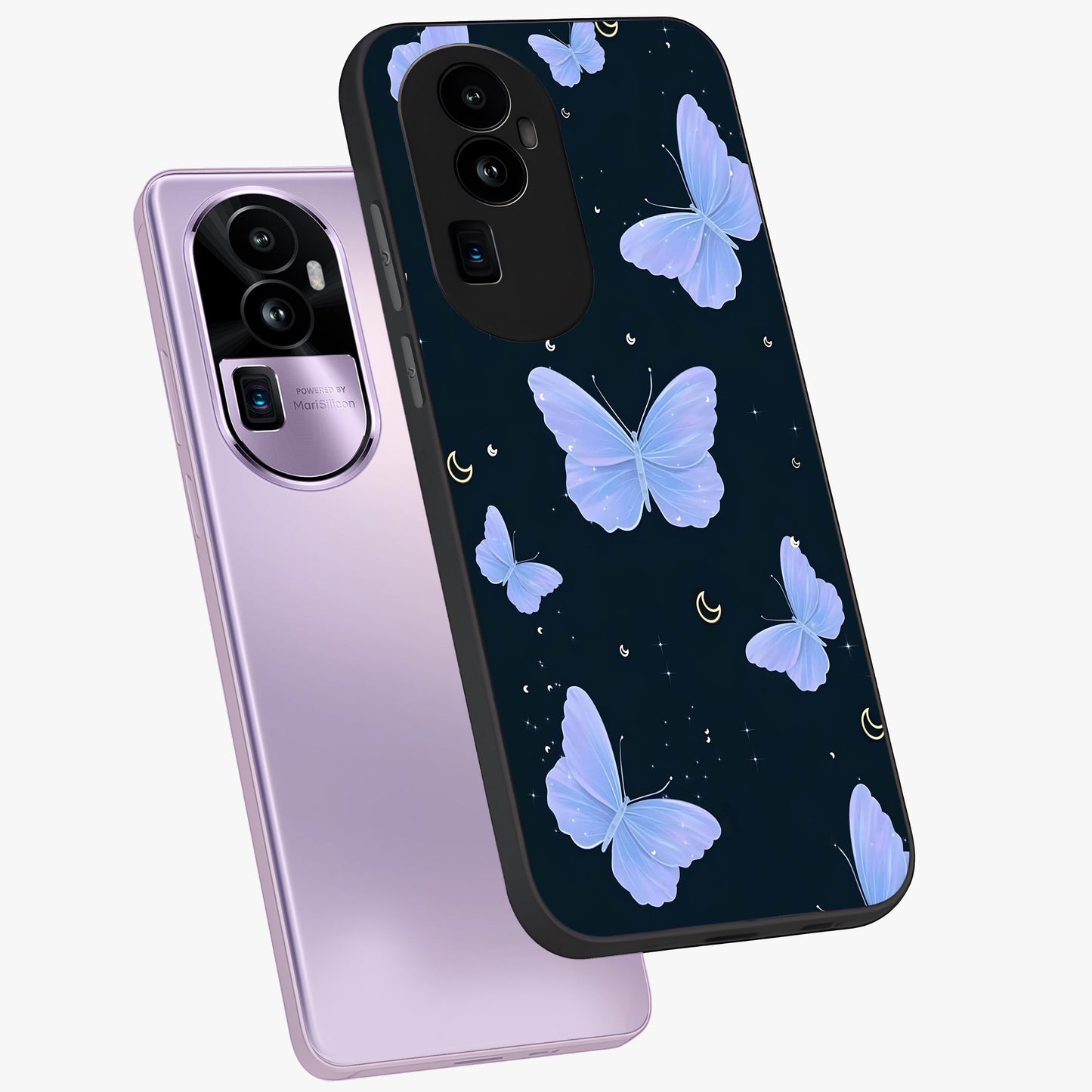 Butterfly With Stars Pattern Glass Case displayed in angled mockup highlighting dreamy butterfly and star design with aesthetic theme.