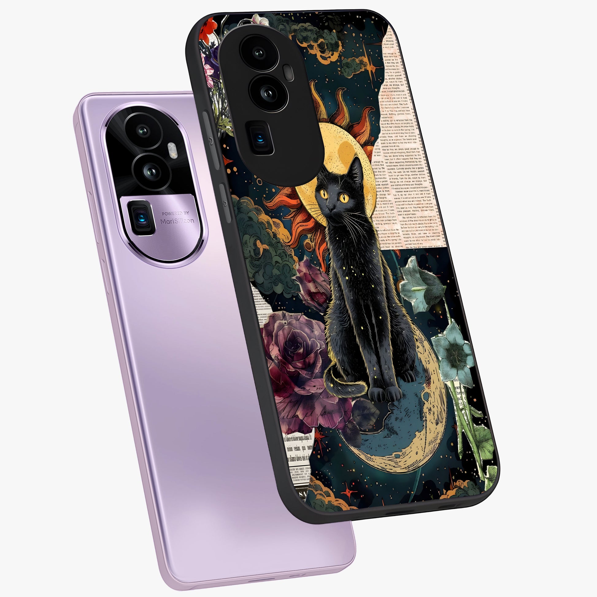 Celestial Black Cat Glass Case displayed in angled mockup highlighting cosmic black cat design with celestial aesthetic.