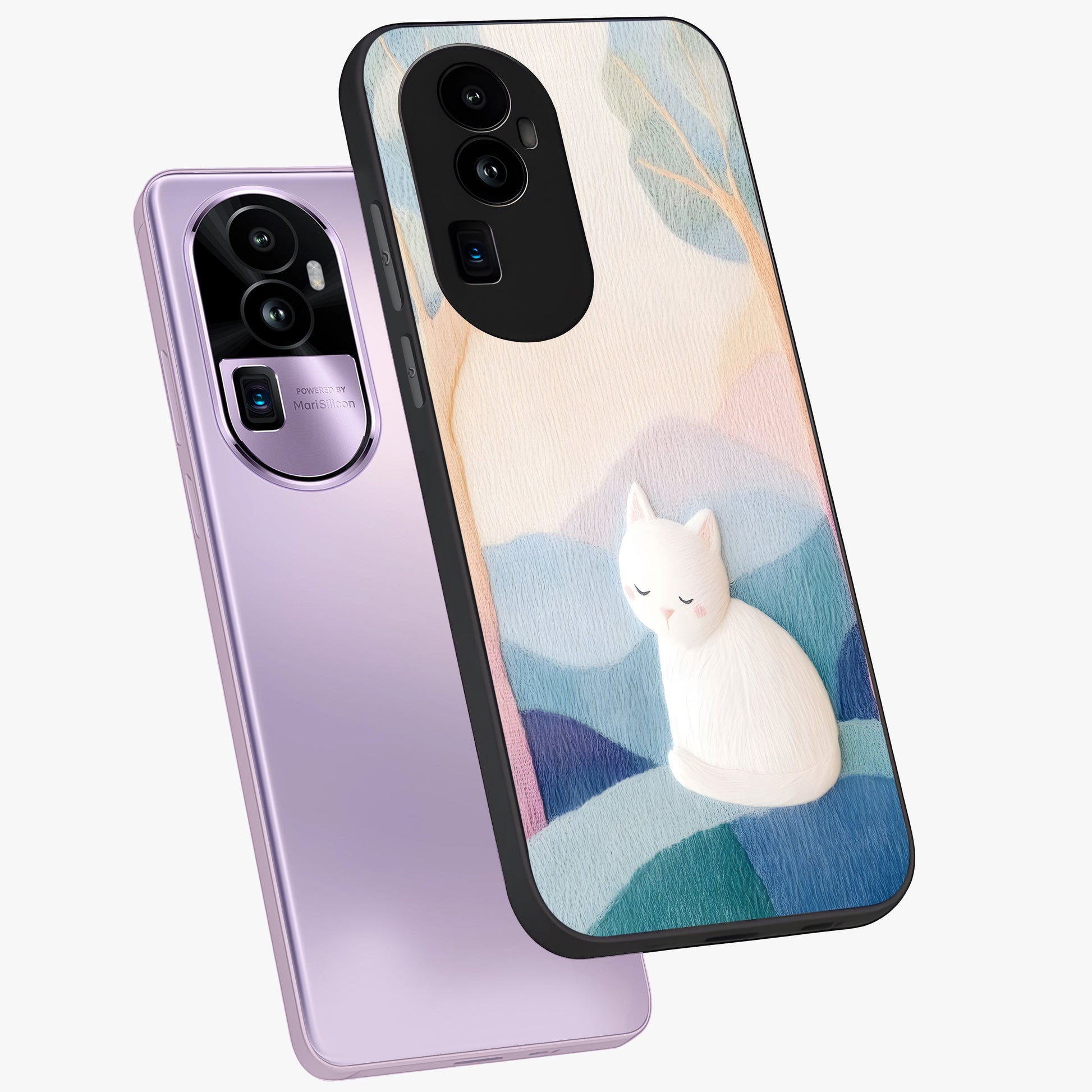 Cotton Dream Cat Glass Case displayed in angled mockup highlighting cute feline illustration with pastel aesthetic style.