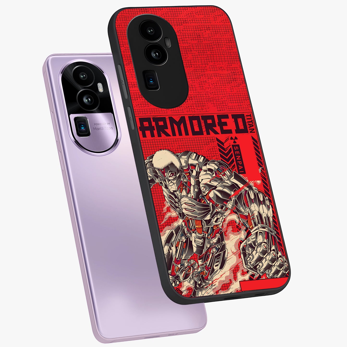 Crimson Mecha Titan Glass Case displayed in angled mockup highlighting futuristic mech illustration with bold crimson aesthetic.