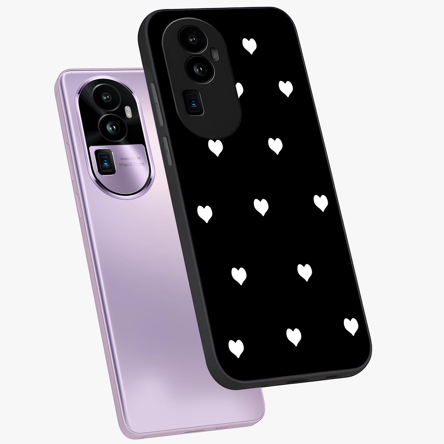 Cute And Simple White Hearts Glass Case displayed in angled mockup highlighting cute heart design with clean aesthetic style.