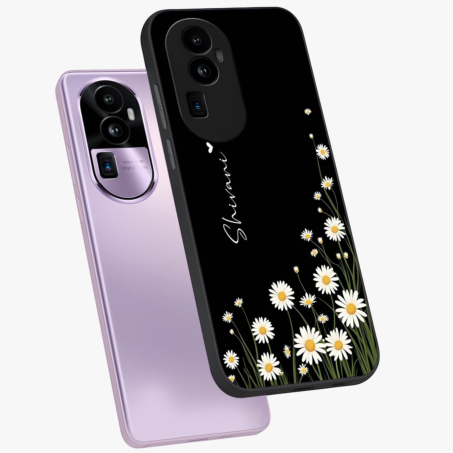 Daisy Cascade Custom Name Glass Case displayed in angled mockup highlighting delicate daisy artwork with custom name feature.