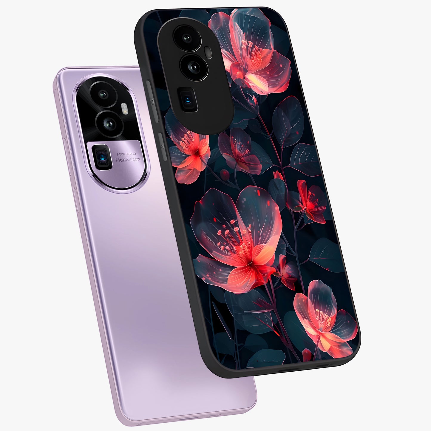 Dark Shade of Flower Glass Case displayed in angled mockup highlighting moody floral illustration with aesthetic dark tones.