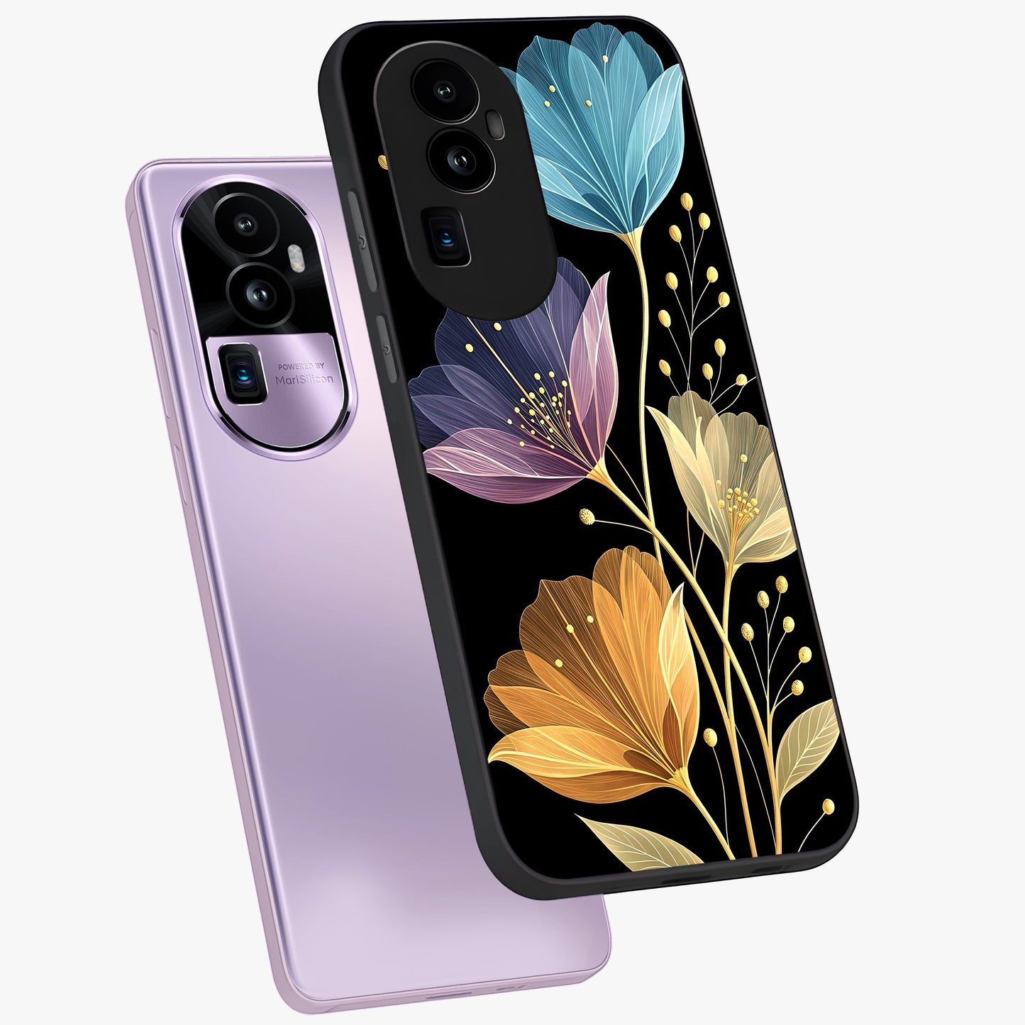 Delicate Multicolor Flowers Glass Case displayed in angled mockup highlighting colorful flower pattern with soft aesthetic style.