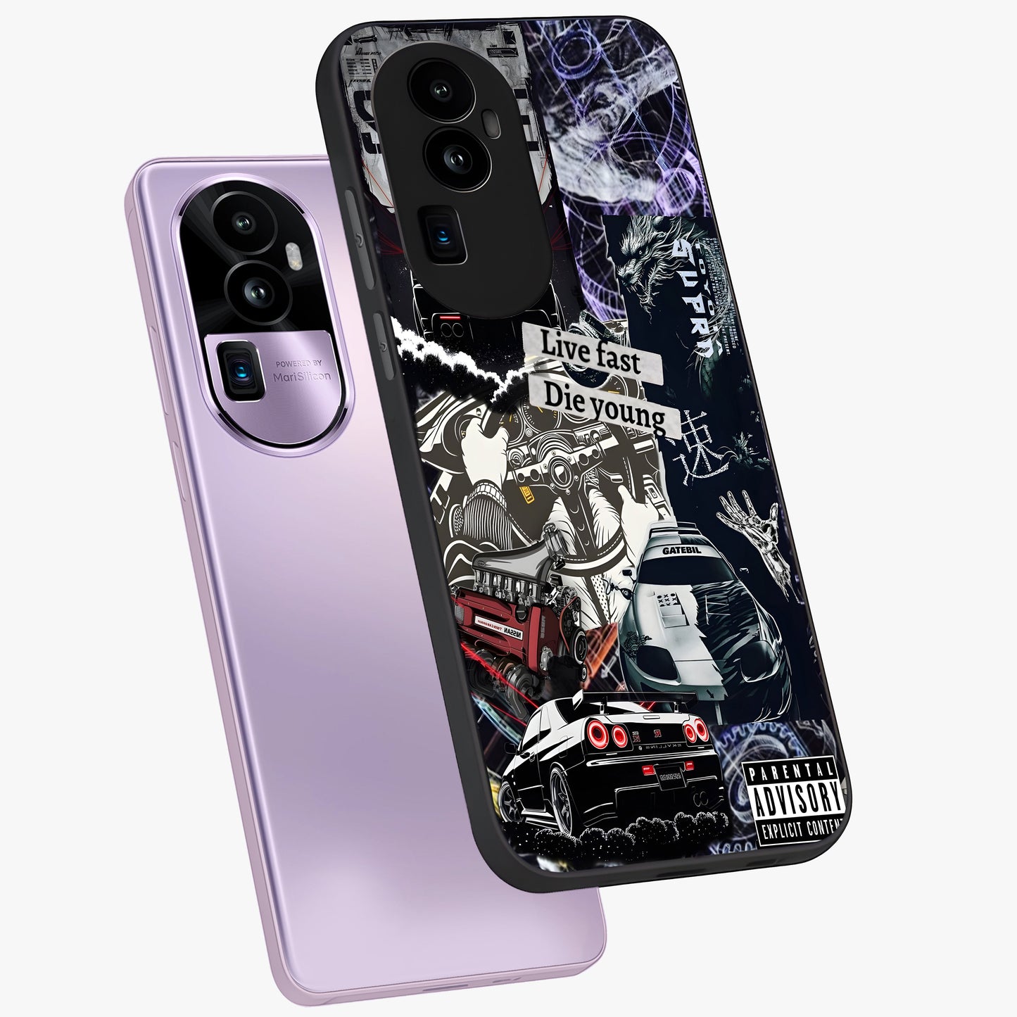 Die Young Glass Case displayed in angled mockup highlighting expressive graphic artwork with edgy aesthetic style.