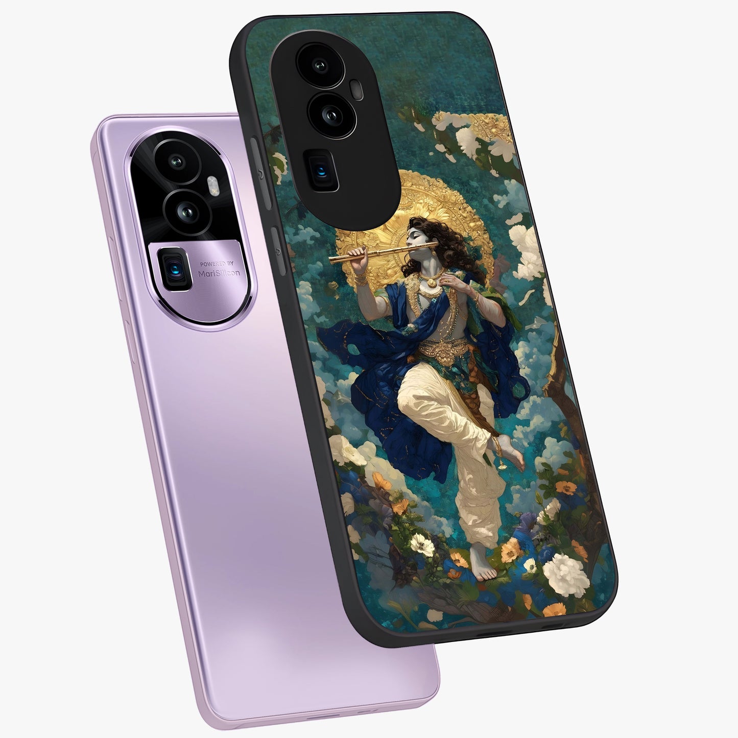 Divine Krishna Art Glass Case displayed in angled mockup highlighting spiritual Krishna illustration with devotional aesthetic.