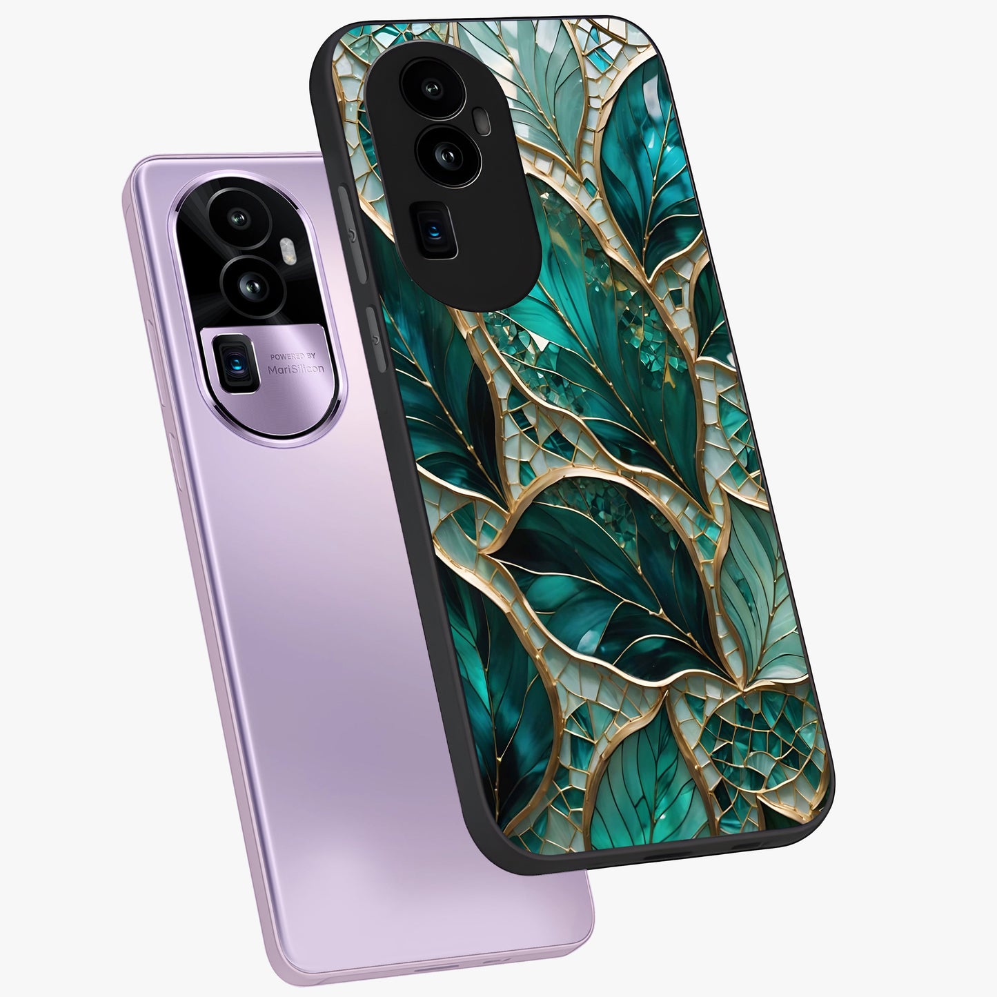 Emerald Leaf Glass Glass Case displayed in angled mockup highlighting botanical leaf illustration with elegant natural aesthetic.