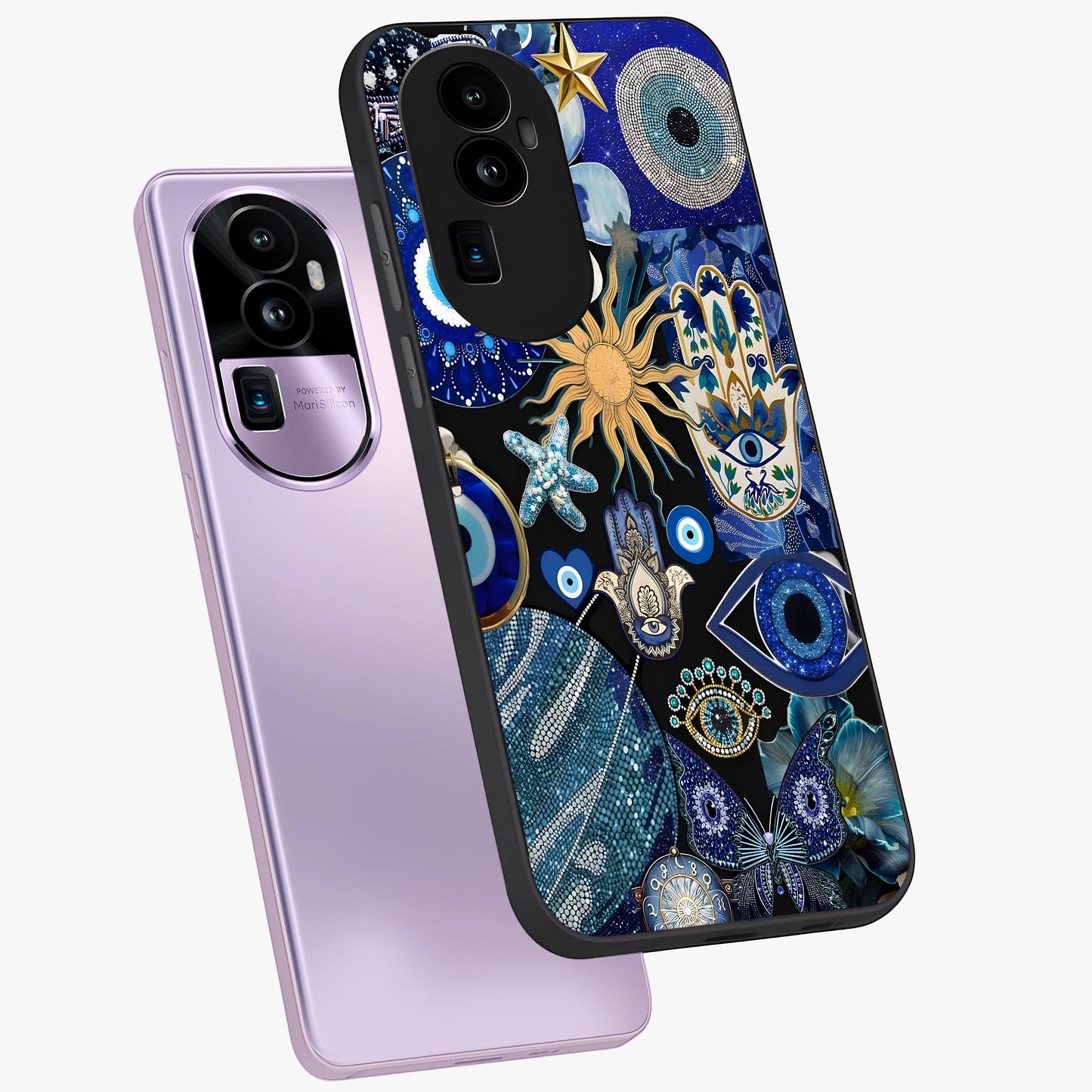 Evil Eye Charm Mix Glass Case displayed in angled mockup highlighting protective evil eye symbols with spiritual aesthetic design.