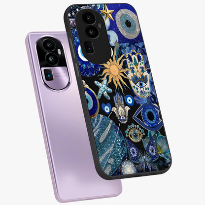 Evil Eye Charm Mix Glass Case displayed in angled mockup highlighting protective evil eye symbols with spiritual aesthetic design.