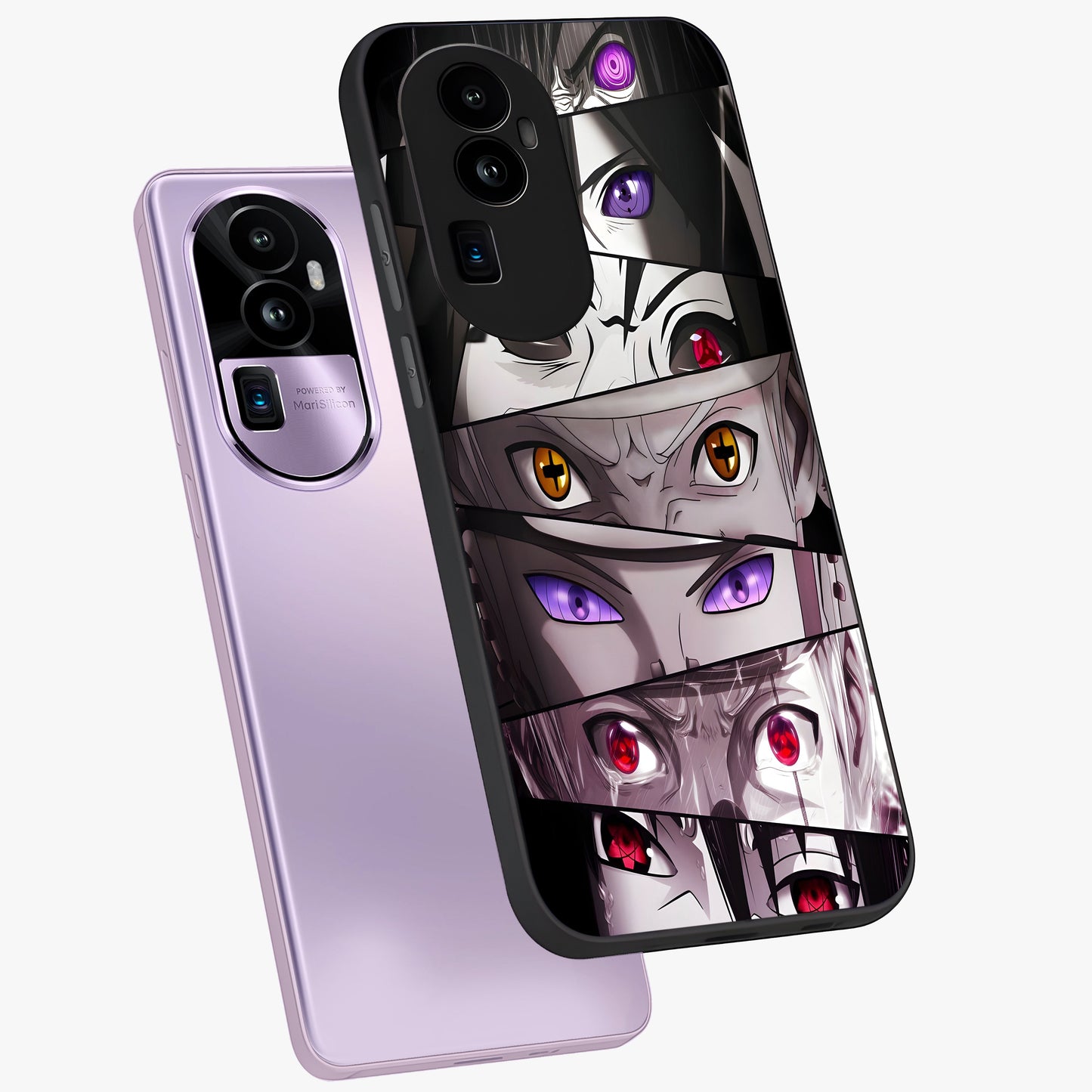 Eyes of Destiny Glass Case displayed in angled mockup highlighting bold eye illustration with mystical aesthetic style.