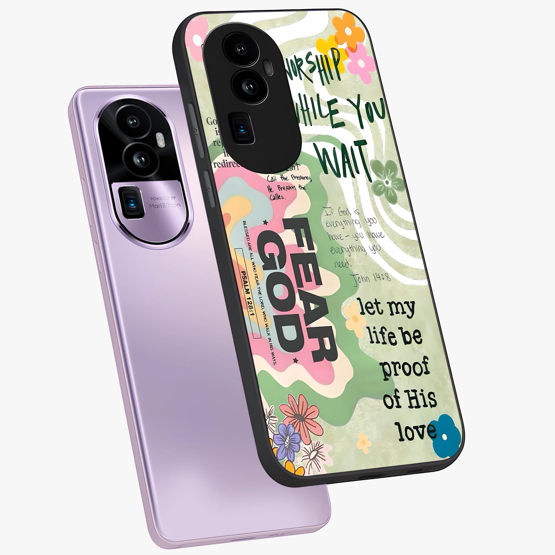 Faith Over Fear Glass Case displayed in angled mockup highlighting inspirational message design with modern aesthetic style.