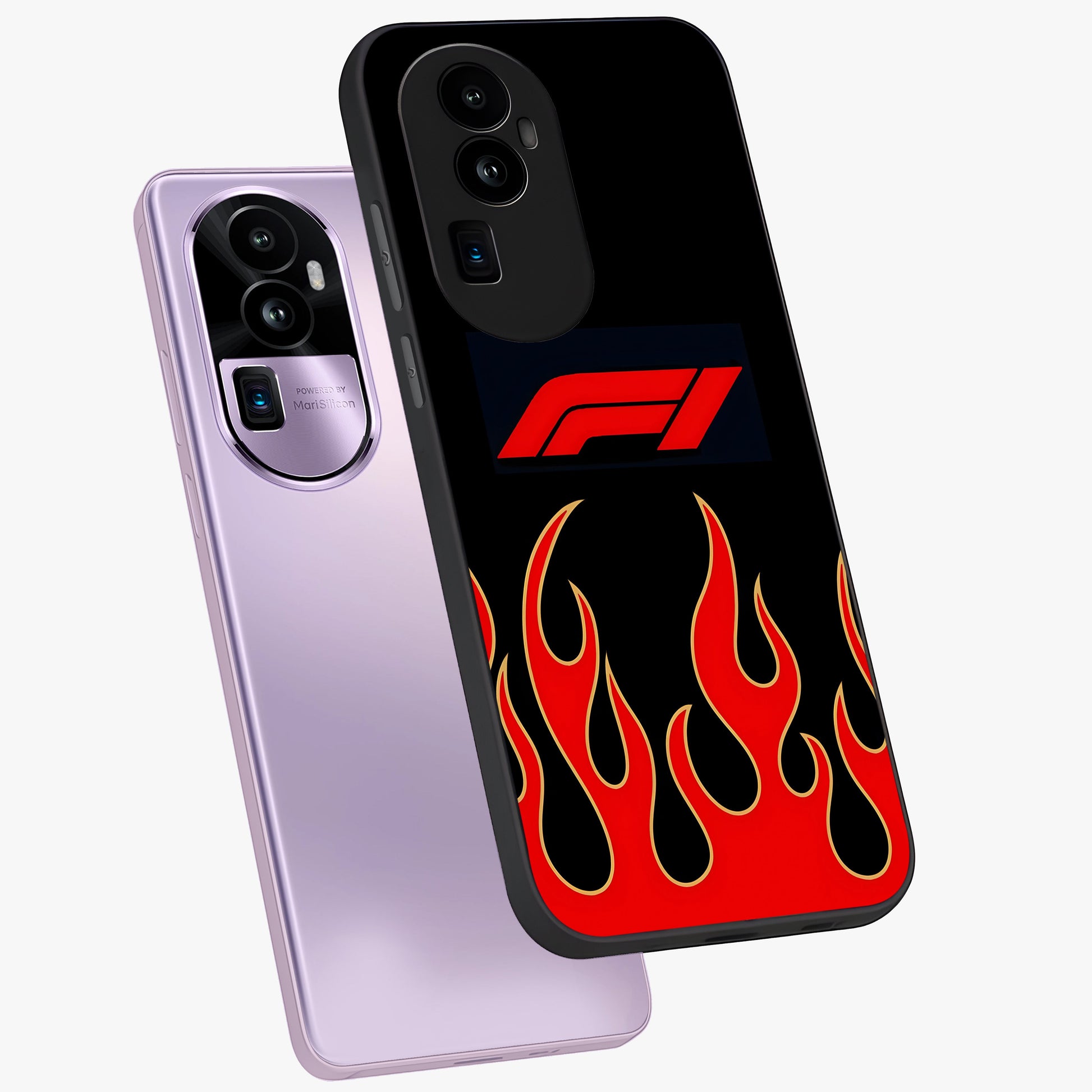 Fire F11 Glass Case displayed in angled mockup highlighting bold fire inspired graphic with energetic aesthetic style.