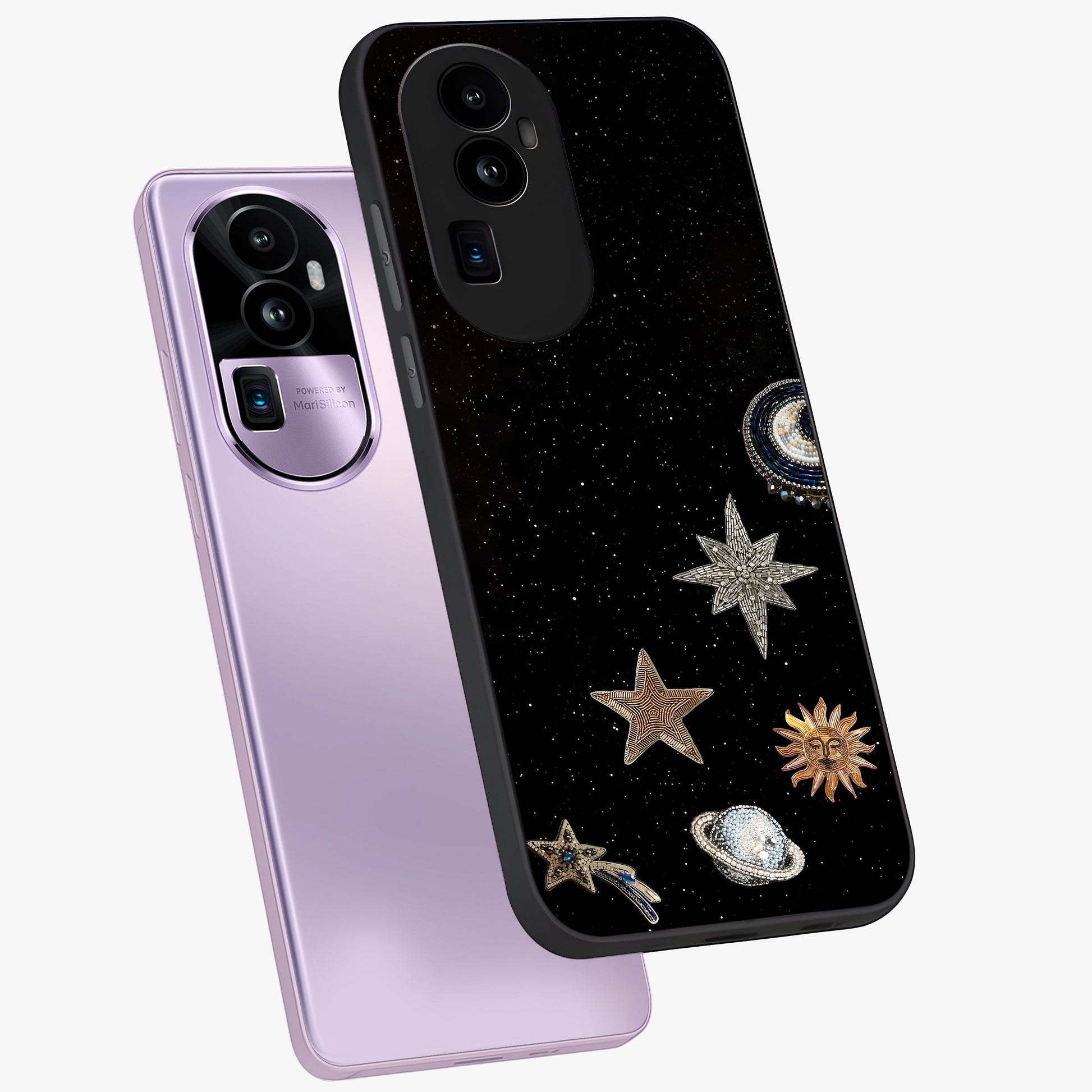 Galactic Charm Glow Glass Case displayed in angled mockup highlighting luminous galaxy inspired design with dreamy aesthetic.