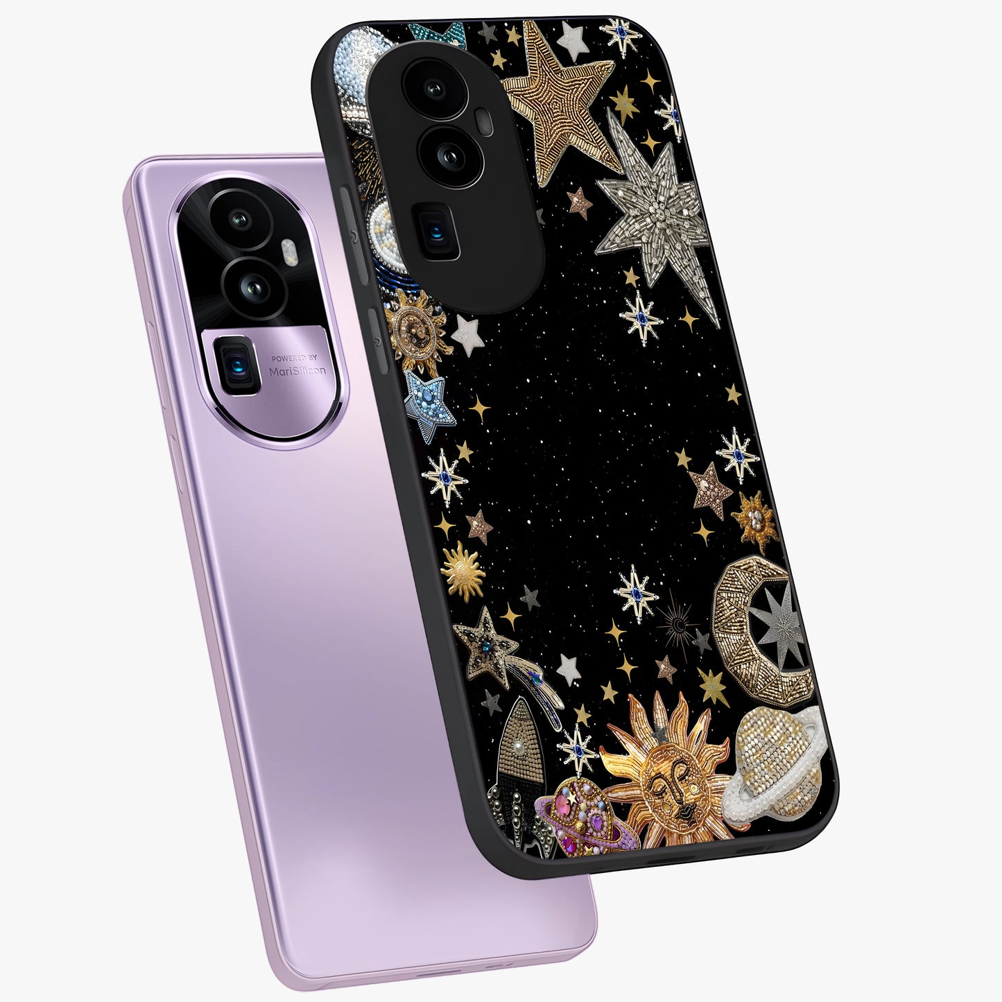 Galactic Jewel Stars Glass Case displayed in angled mockup highlighting shining celestial star design with cosmic aesthetic style.