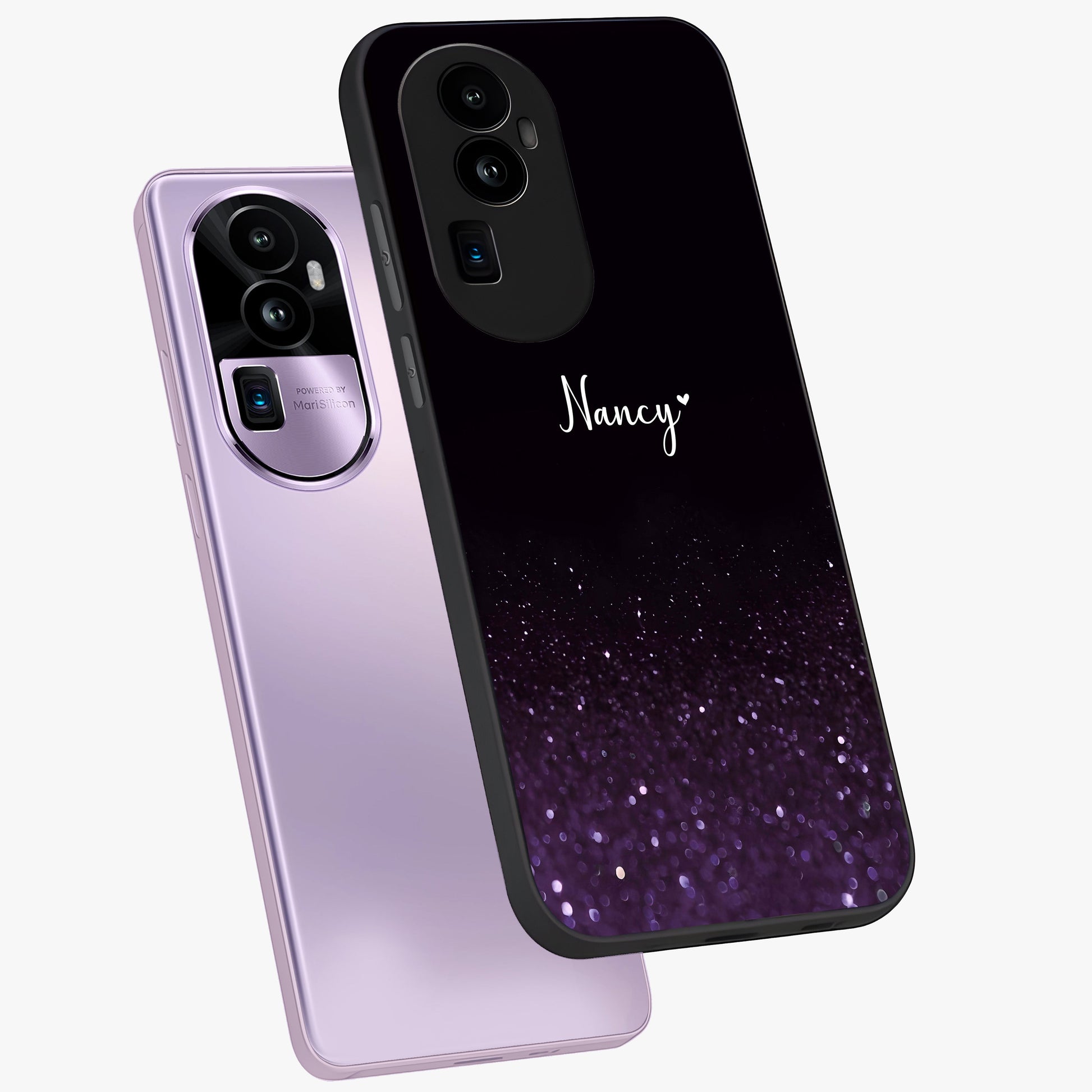 Glittery Purple Bokeh Custom Name Glass Case displayed in angled mockup highlighting glitter bokeh pattern with custom name feature.