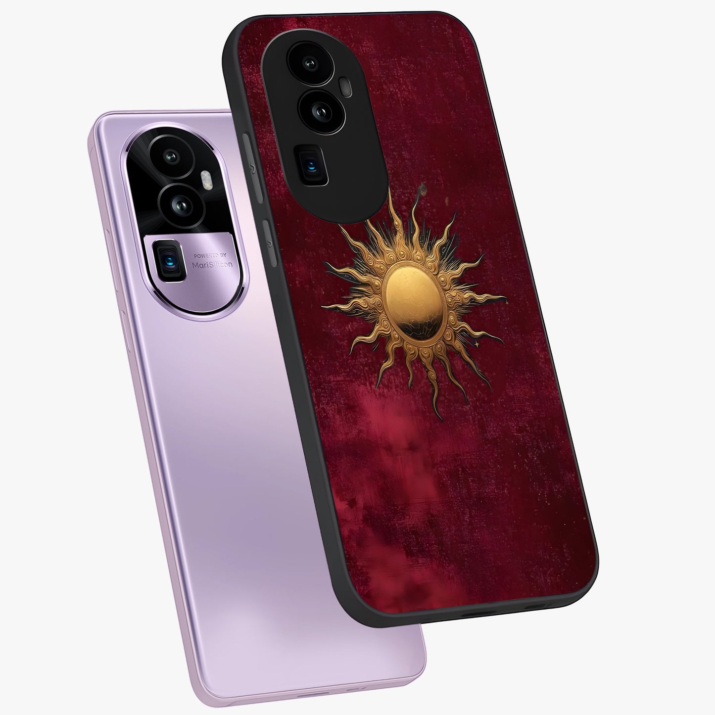 Golden Sun Minimalism Glass Case displayed in angled mockup highlighting clean sun symbol design with modern minimal aesthetic.