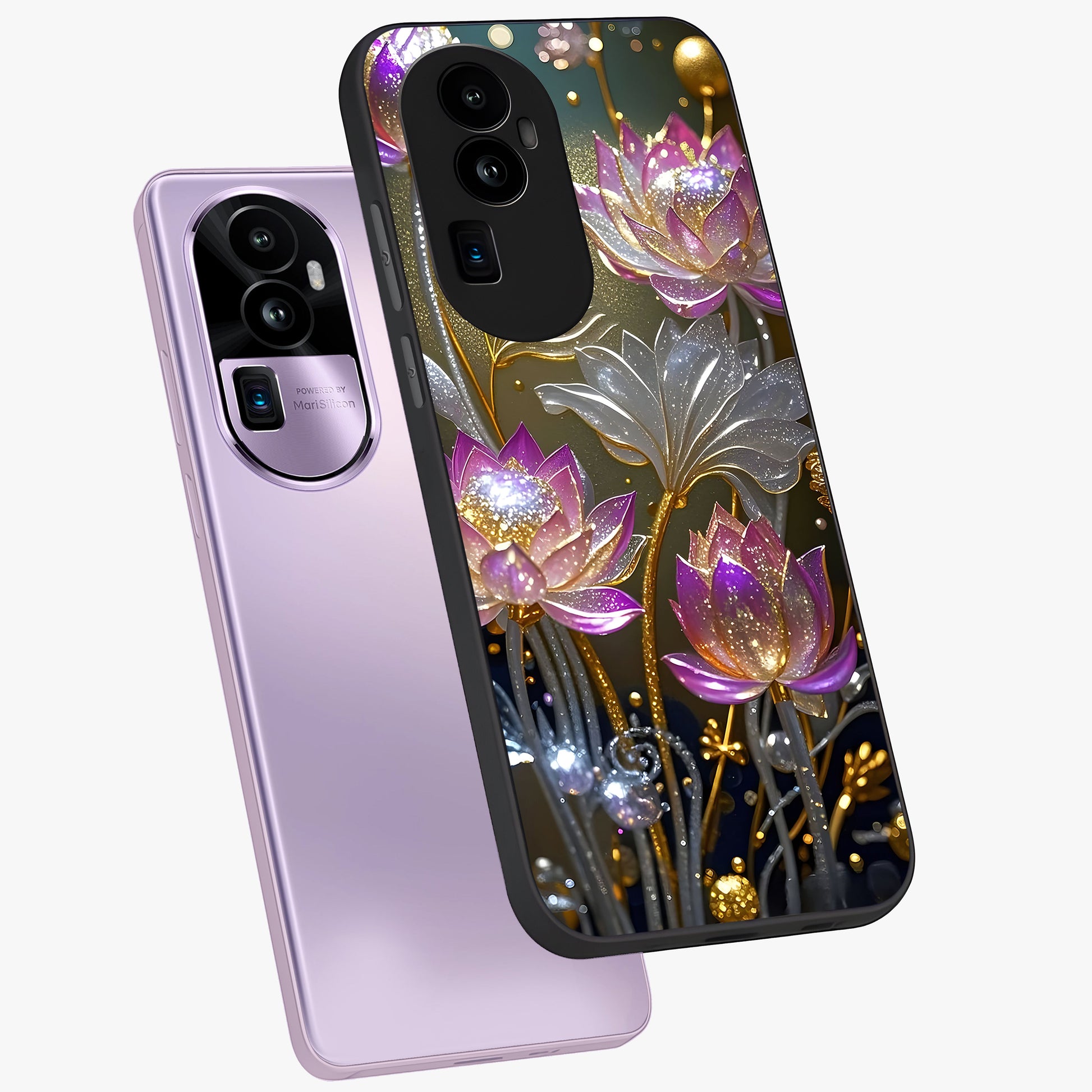 Golden Floral Majesty Glass Case displayed in angled mockup highlighting elegant flower design with royal golden aesthetic.