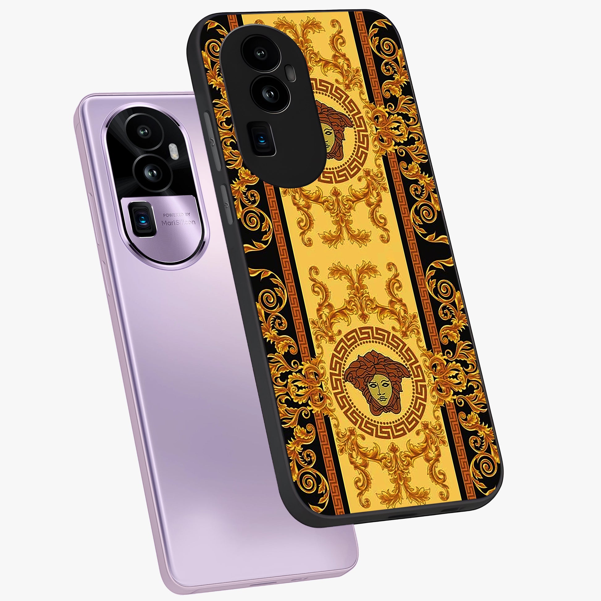 Golden Lotus Glow Glass Case displayed in angled mockup highlighting radiant lotus illustration with spiritual aesthetic.