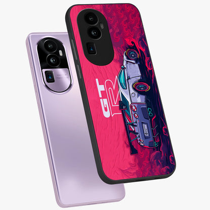 GT-R Car Pattern Glass Case displayed in angled mockup highlighting racing car graphic design with bold automotive aesthetic.
