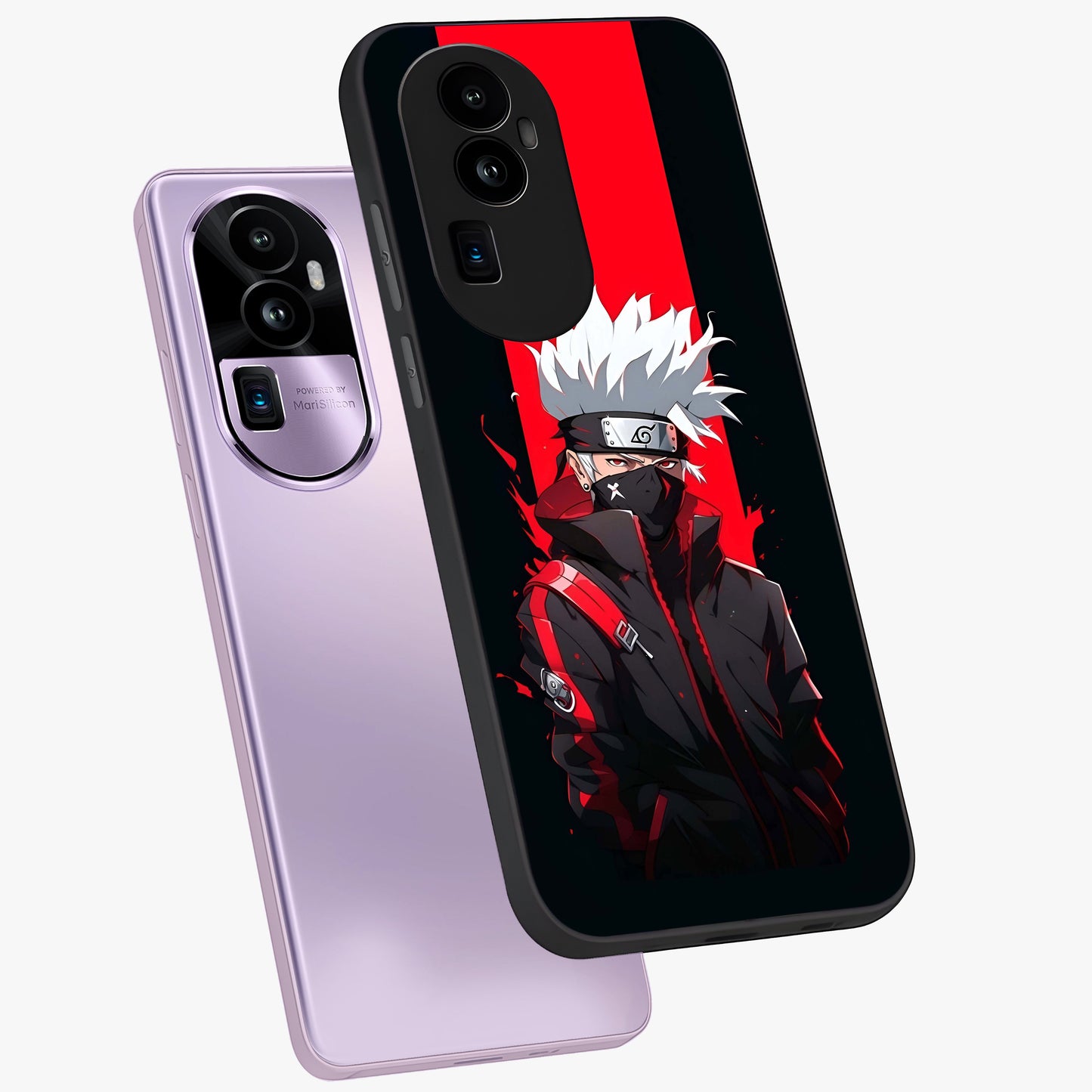 Kakashi Scarlet Shadow Glass Case displayed in angled mockup highlighting dramatic ninja illustration with scarlet themed aesthetic.