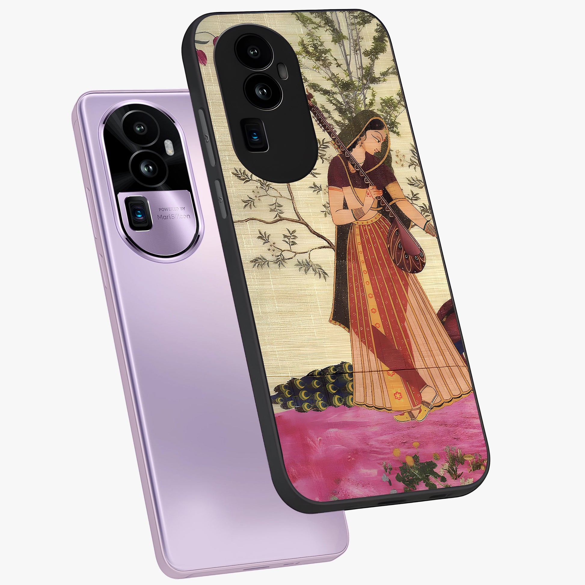 Lady With Veena Art Glass Case displayed in angled mockup highlighting graceful musical illustration with cultural artistic aesthetic.