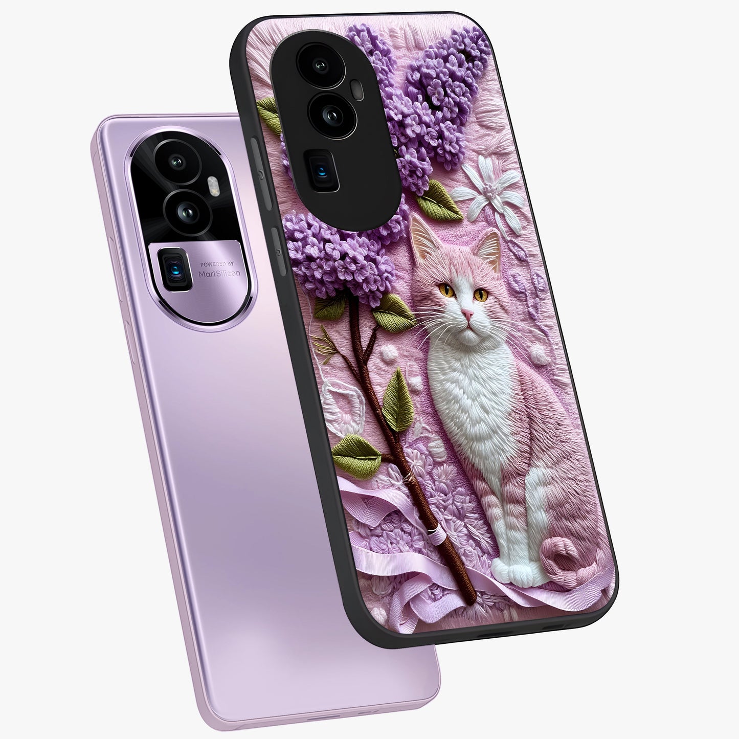 Lavender Cat Whimsy Glass Case displayed in angled mockup highlighting playful feline illustration with pastel lavender aesthetic.