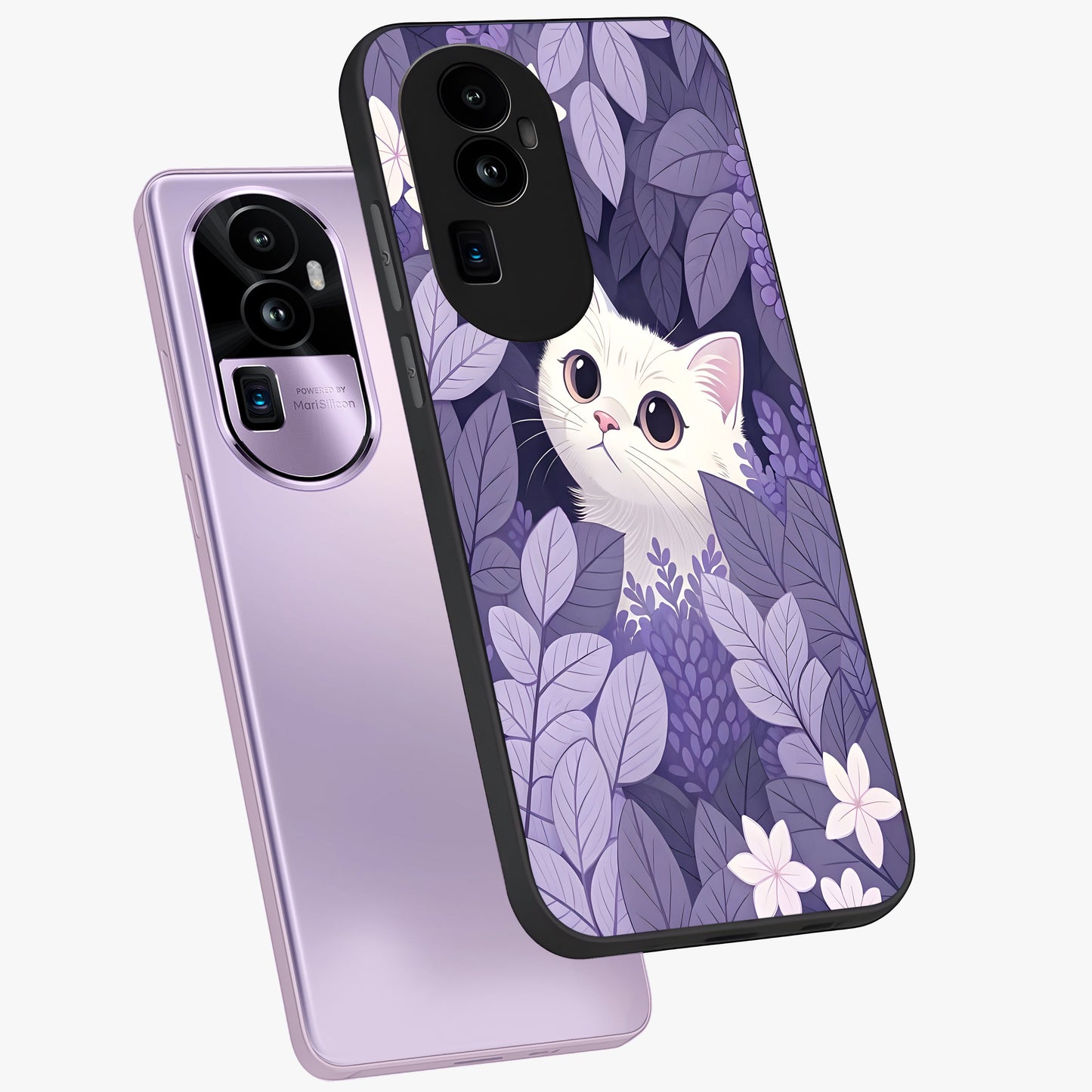 Lilac Hide Peek Cat Glass Case displayed in angled mockup highlighting playful feline illustration with lilac aesthetic design.
