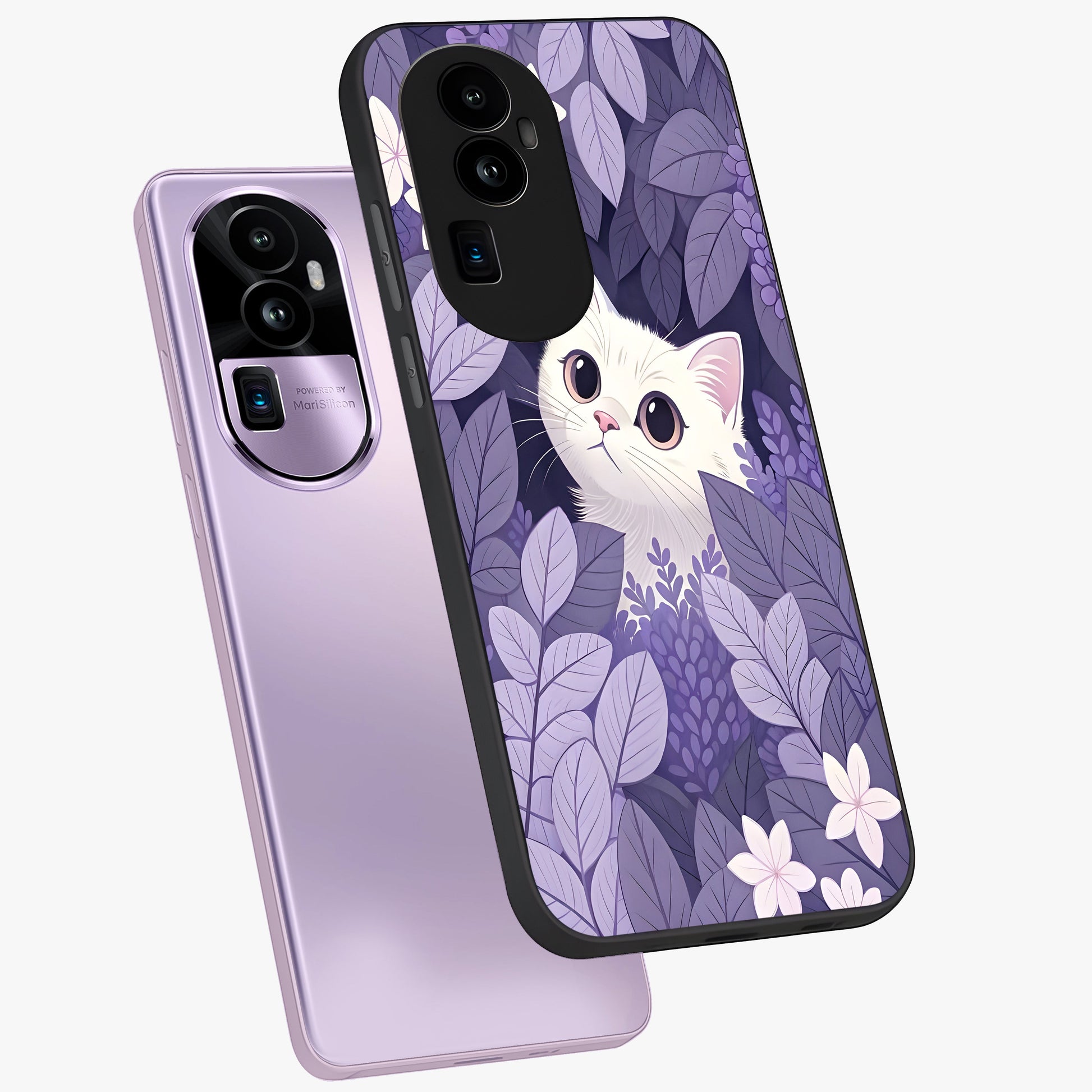 Lilac Hide Peek Cat Glass Case displayed in angled mockup highlighting playful feline illustration with lilac aesthetic design.