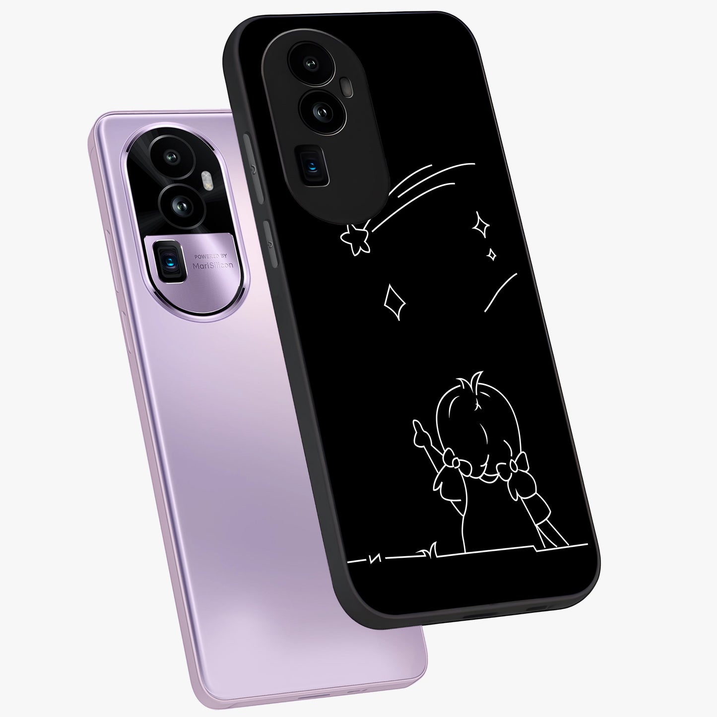 Line Art Girl With Shooting Stars Glass Case displayed in angled mockup highlighting elegant line art design with dreamy star aesthetic.
