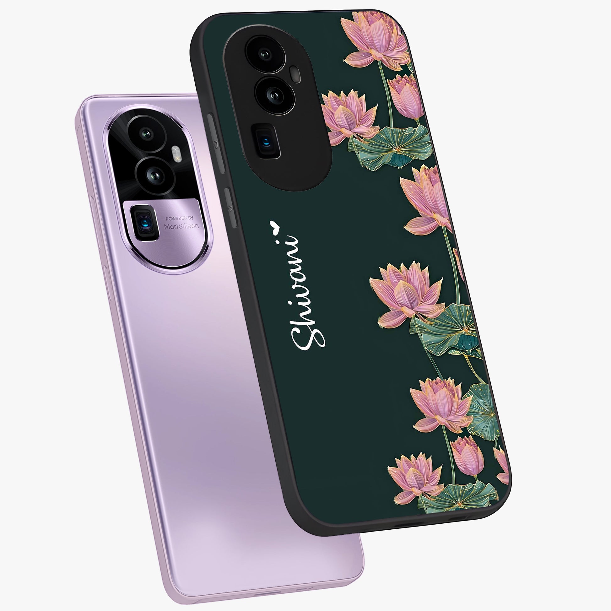 Lotus Bloom Serenity Custom Name Glass Case displayed in angled mockup highlighting graceful lotus illustration with custom name feature.