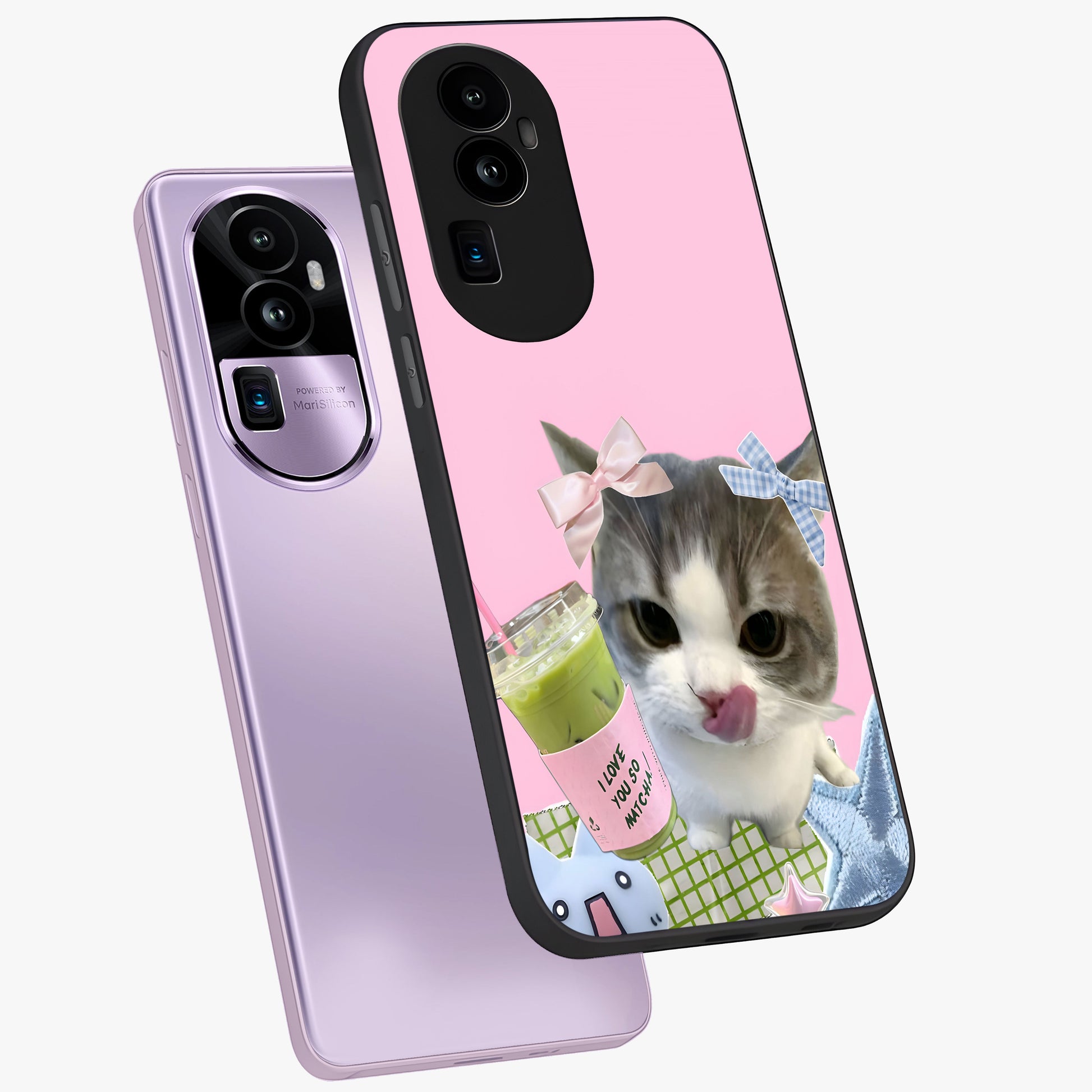 Love Matcha Cat Glass Case displayed in angled mockup highlighting playful feline illustration with cozy matcha aesthetic.