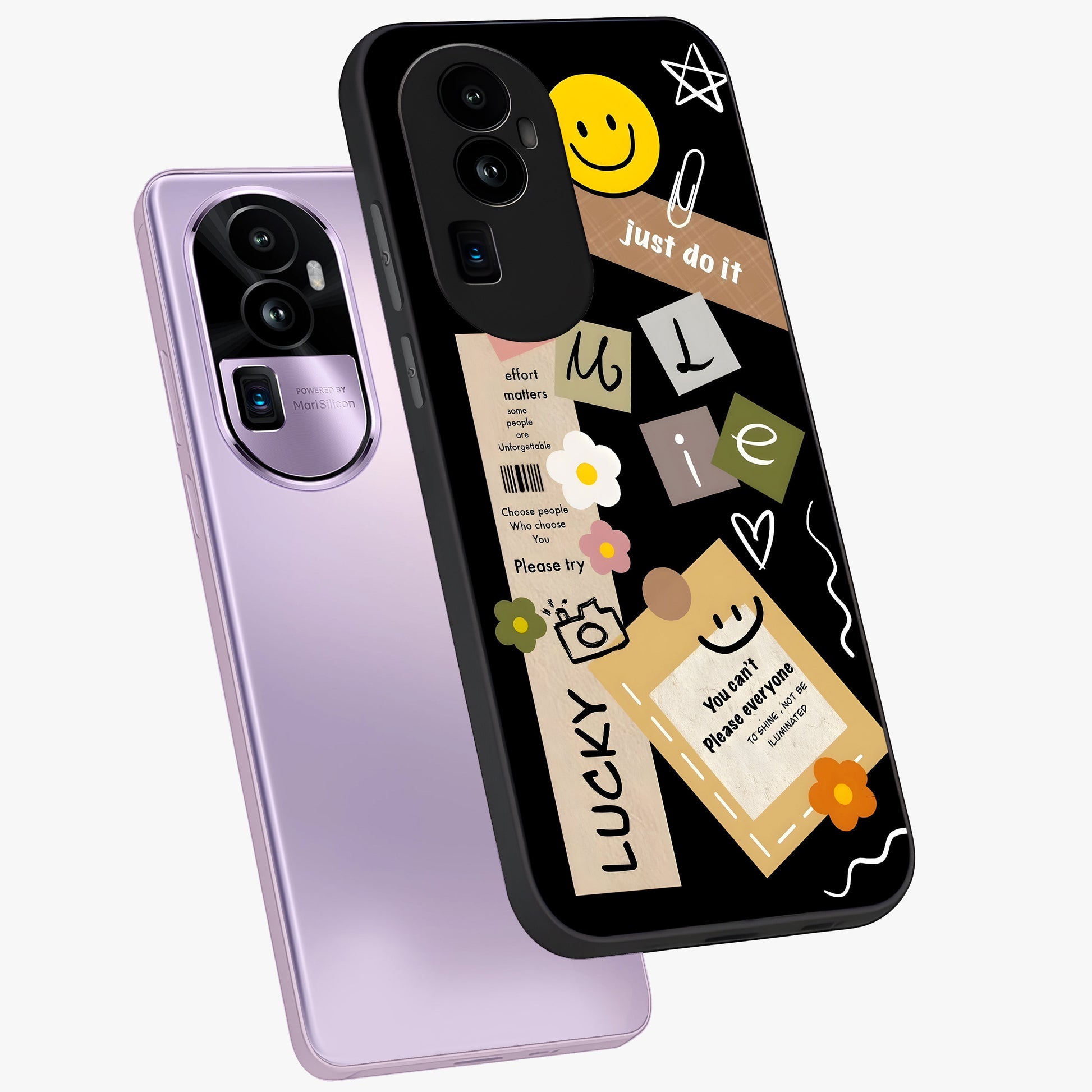 Lucky Aesthetic Collage Glass Case displayed in angled mockup highlighting stylish collage pattern with modern aesthetic vibe.