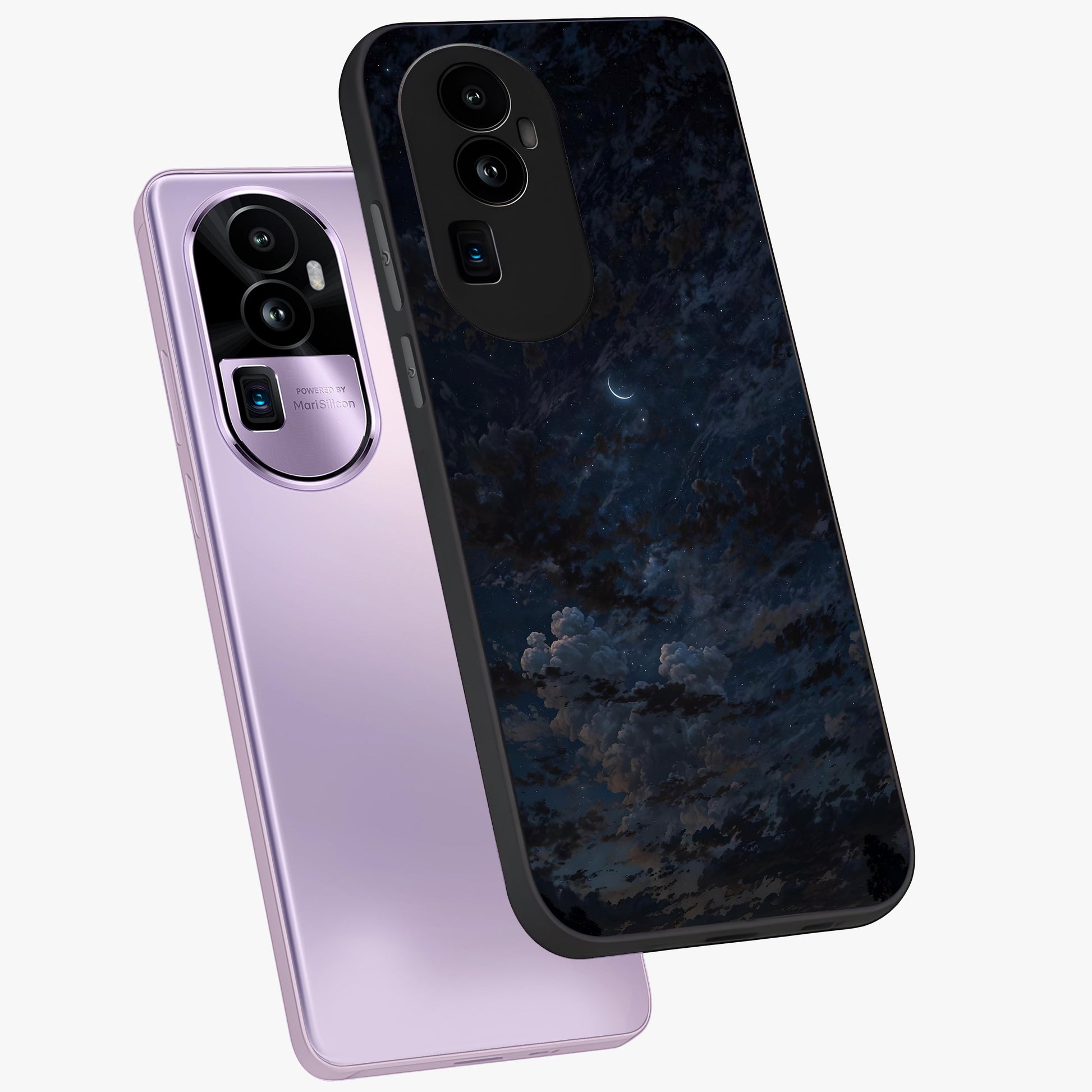 Lunar Veil Silence Glass Case displayed in angled mockup highlighting soft lunar design with peaceful celestial aesthetic.