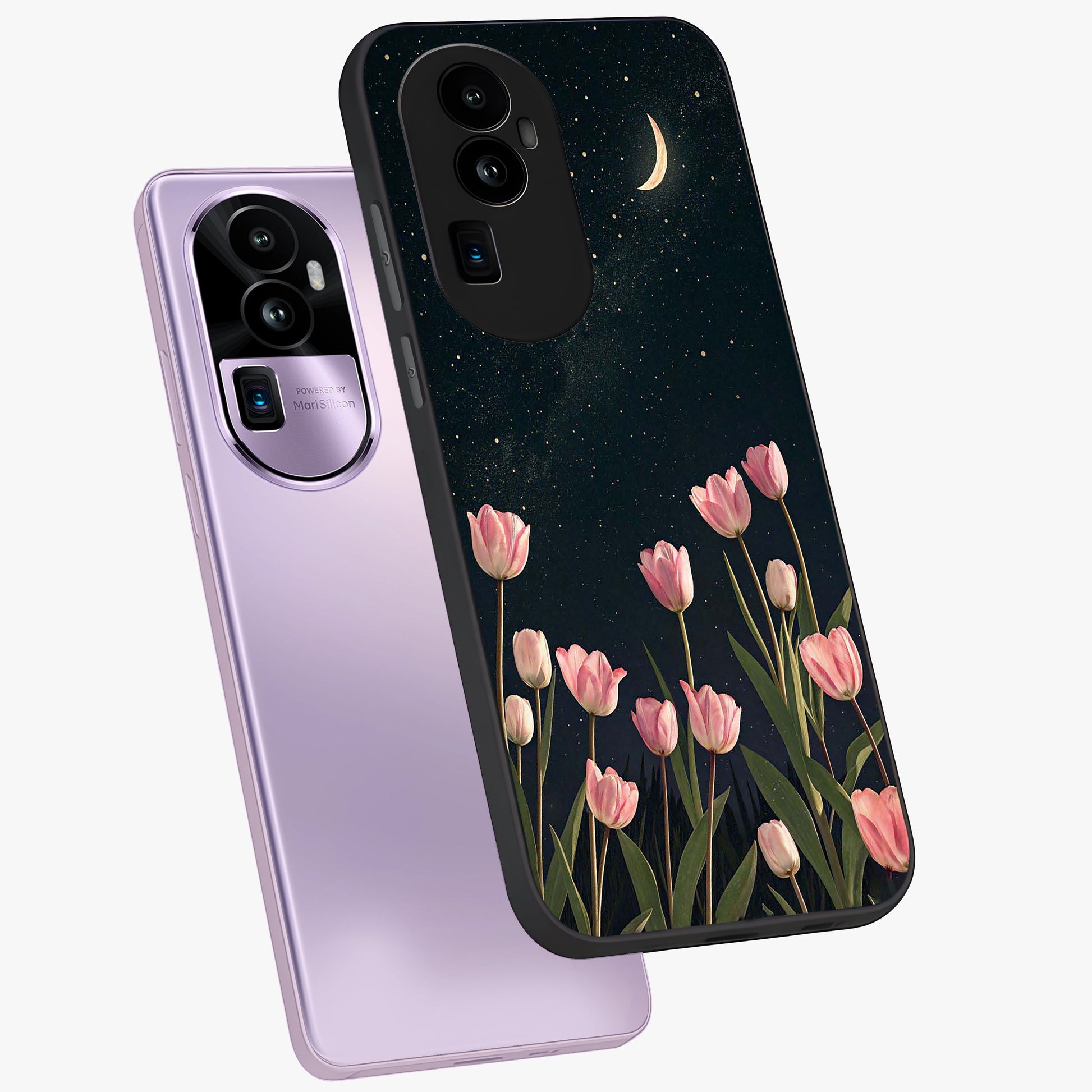 Midnight Tulip Whispers Vibe Glass Case displayed in angled mockup highlighting delicate tulip design with midnight floral aesthetic.