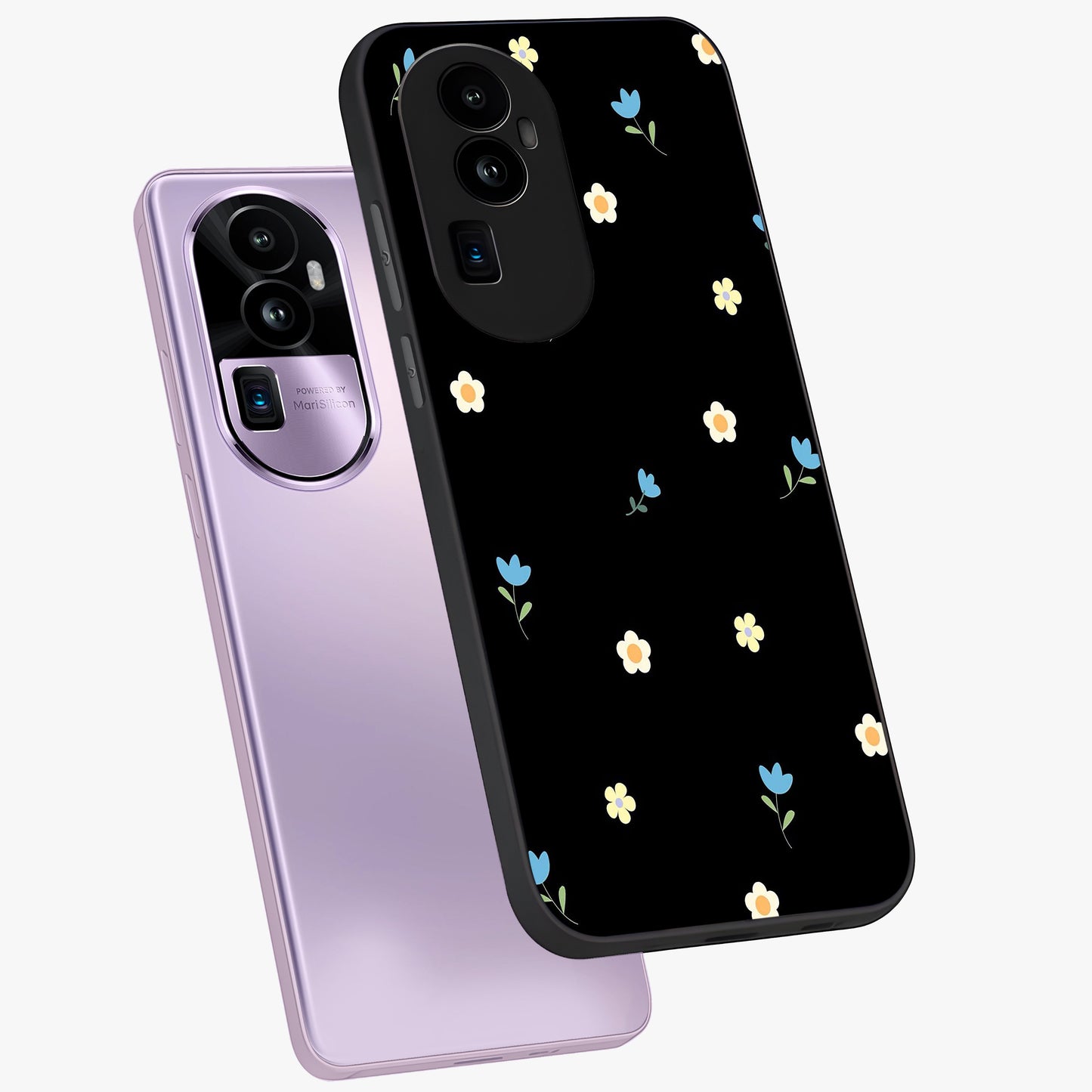 Minimal Petal Whispers Glass Case displayed in angled mockup highlighting delicate petal design with clean minimal aesthetic.
