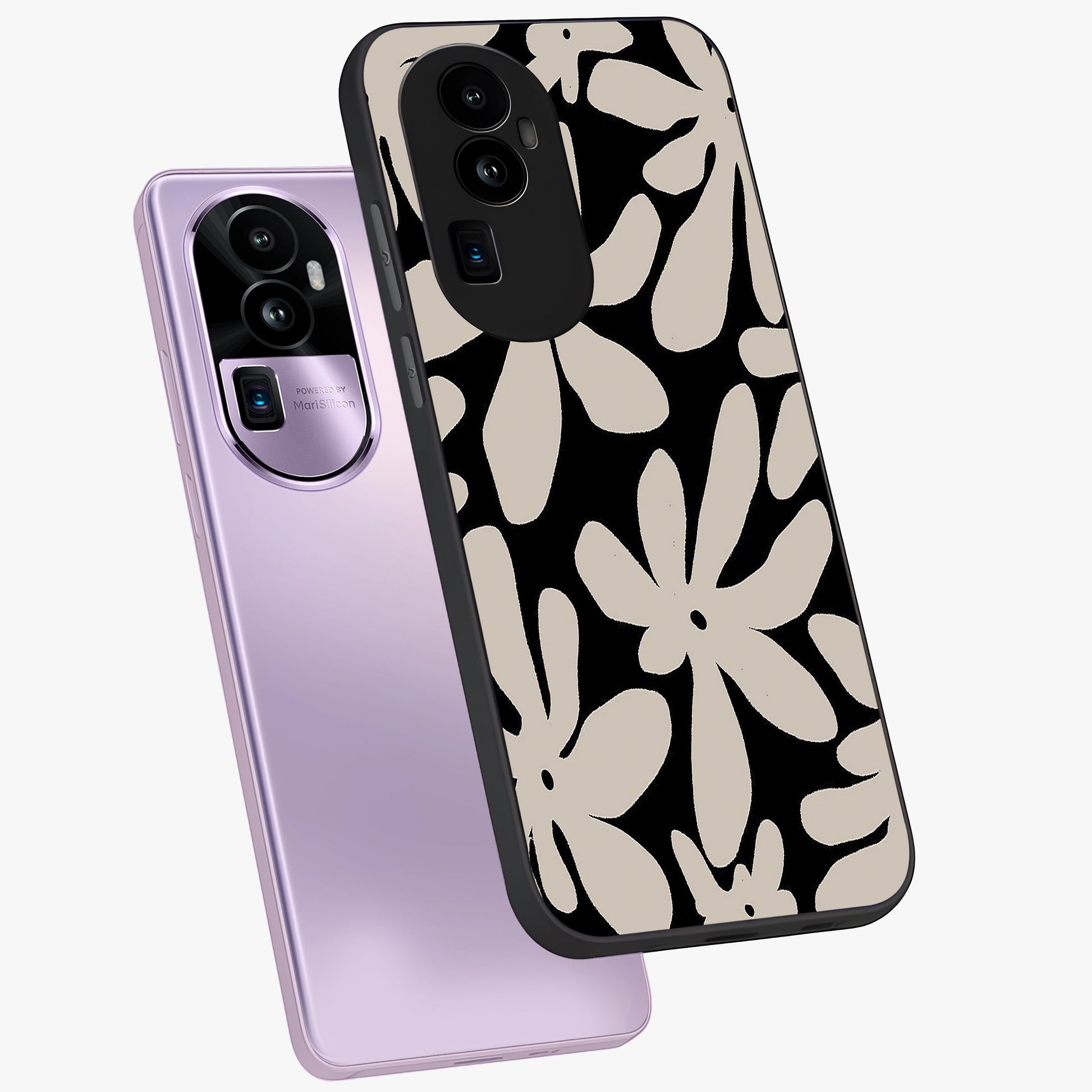 Monochrome Petal Dance Glass Case displayed in angled mockup highlighting elegant petal design with black and white aesthetic.