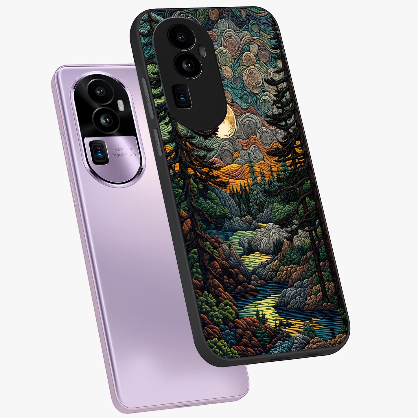 Moonlight Forest Dream Glass Case displayed in angled mockup highlighting dreamy forest design with glowing moon aesthetic.