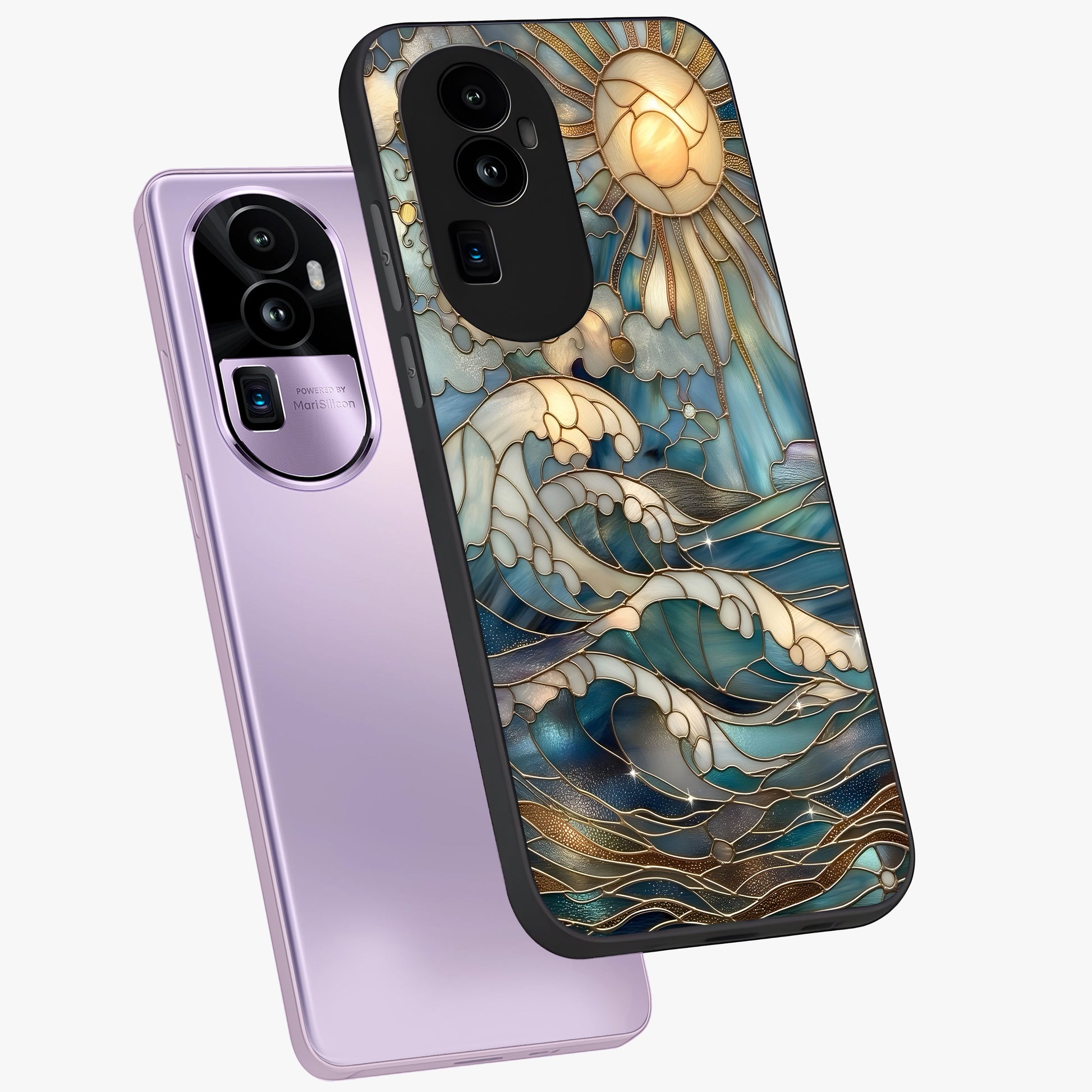 Oceanic Stained Printed Glass Case displayed in angled mockup highlighting colorful aquatic design with artistic aesthetic style.