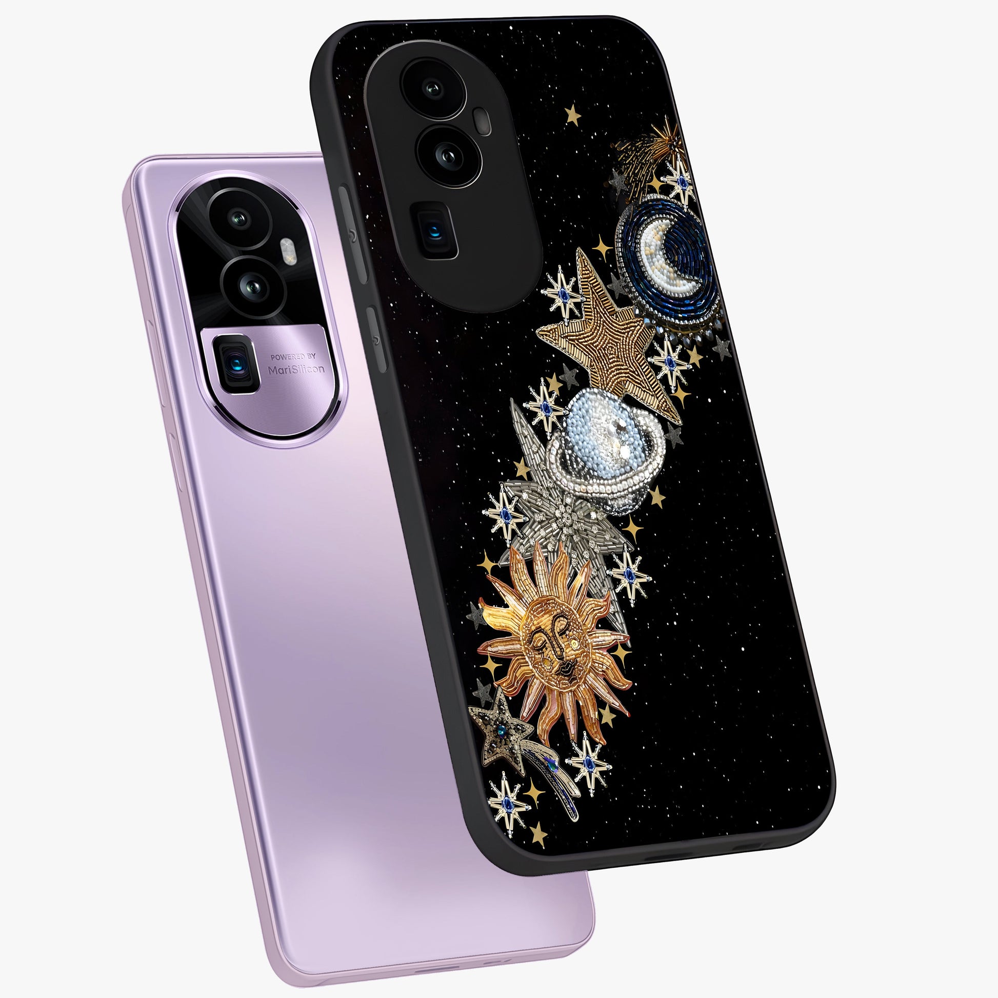 Pearls Universe Object Glass Case displayed in angled mockup highlighting celestial pearl design with dreamy aesthetic.