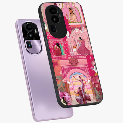 Pink Palace Muse Glass Case displayed in angled mockup highlighting dreamy palace illustration with soft pink aesthetic.