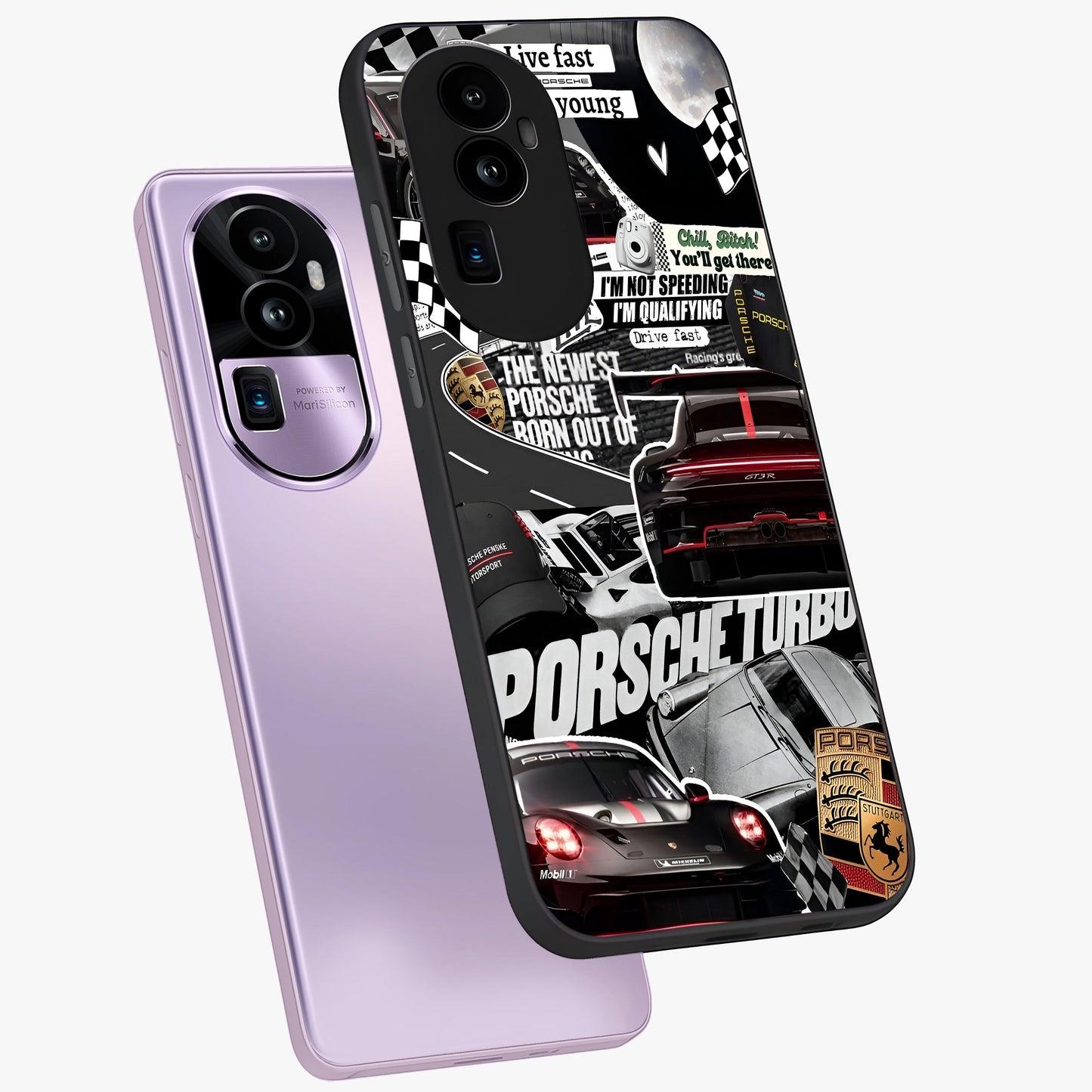 Porsche Racing Collage Glass Case displayed in angled mockup highlighting dynamic automotive design with bold racing aesthetic.
