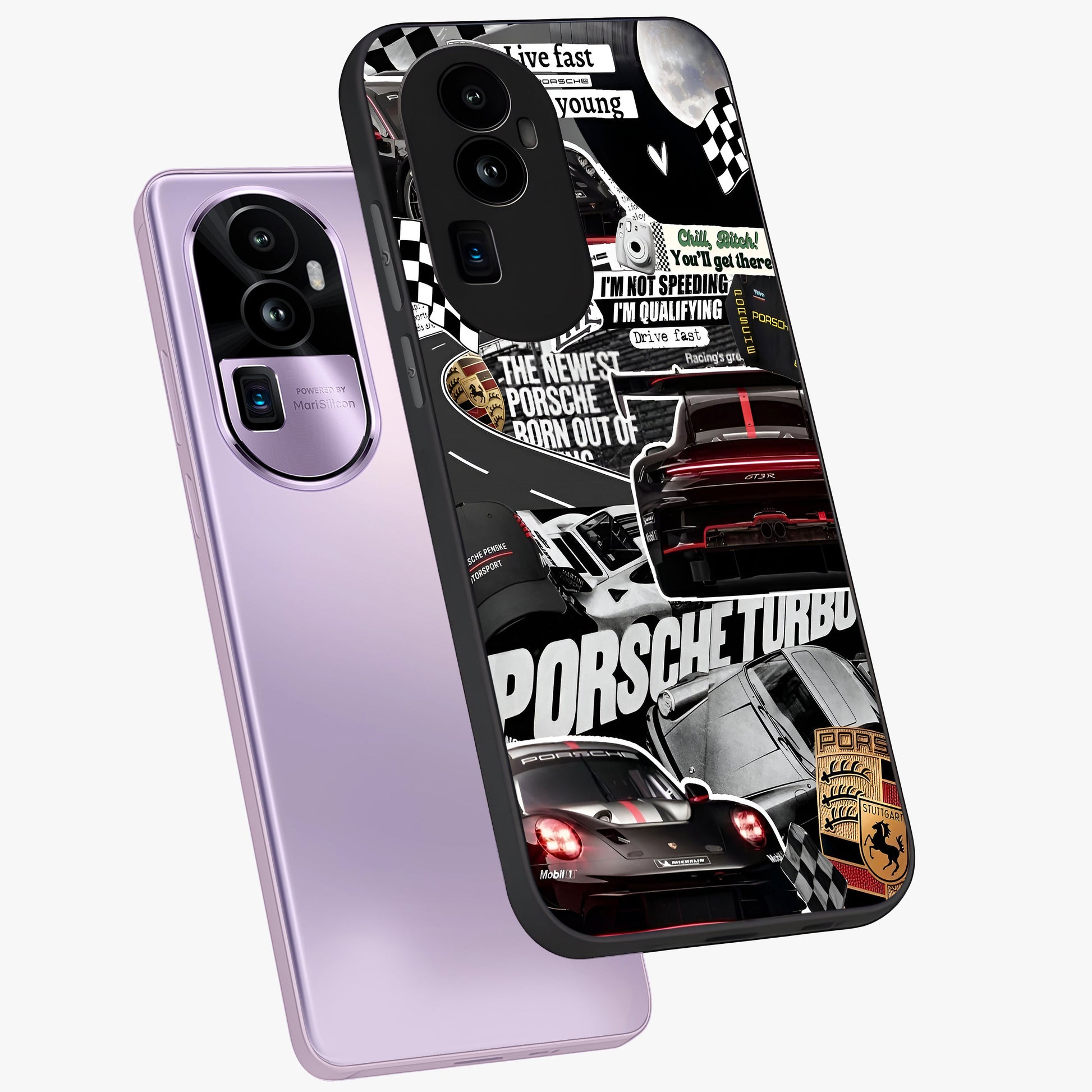 Porsche Racing Collage Glass Case displayed in angled mockup highlighting dynamic automotive design with bold racing aesthetic.