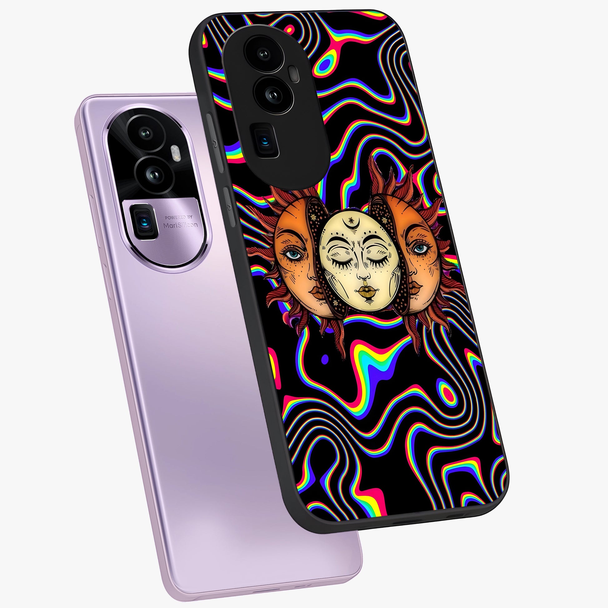 Psychedelic Sun Glass Case displayed in angled mockup highlighting vibrant abstract sun design with artistic aesthetic style.