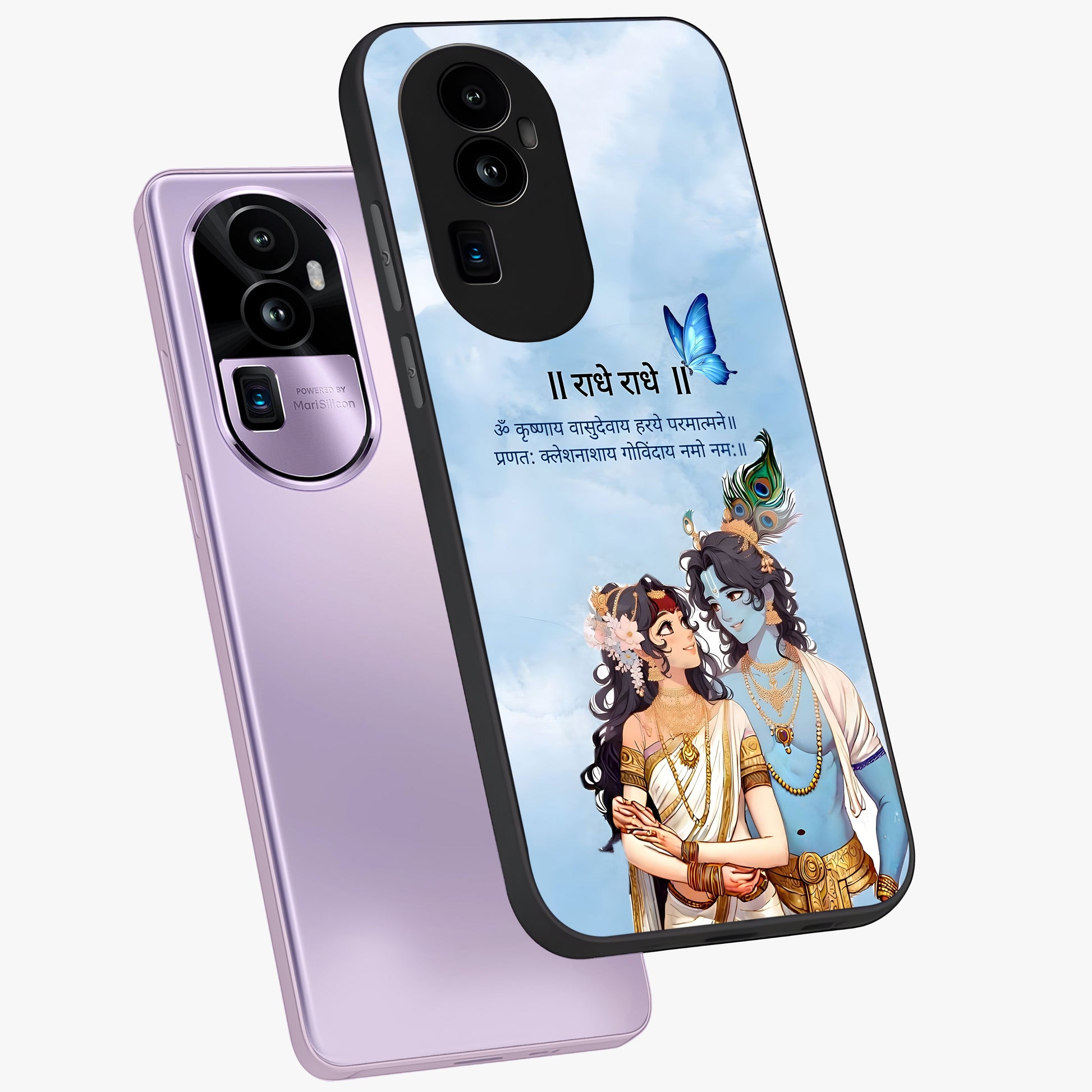 Radha Krishna Eternal Glass Case displayed in angled mockup highlighting divine Radha Krishna illustration with spiritual aesthetic.