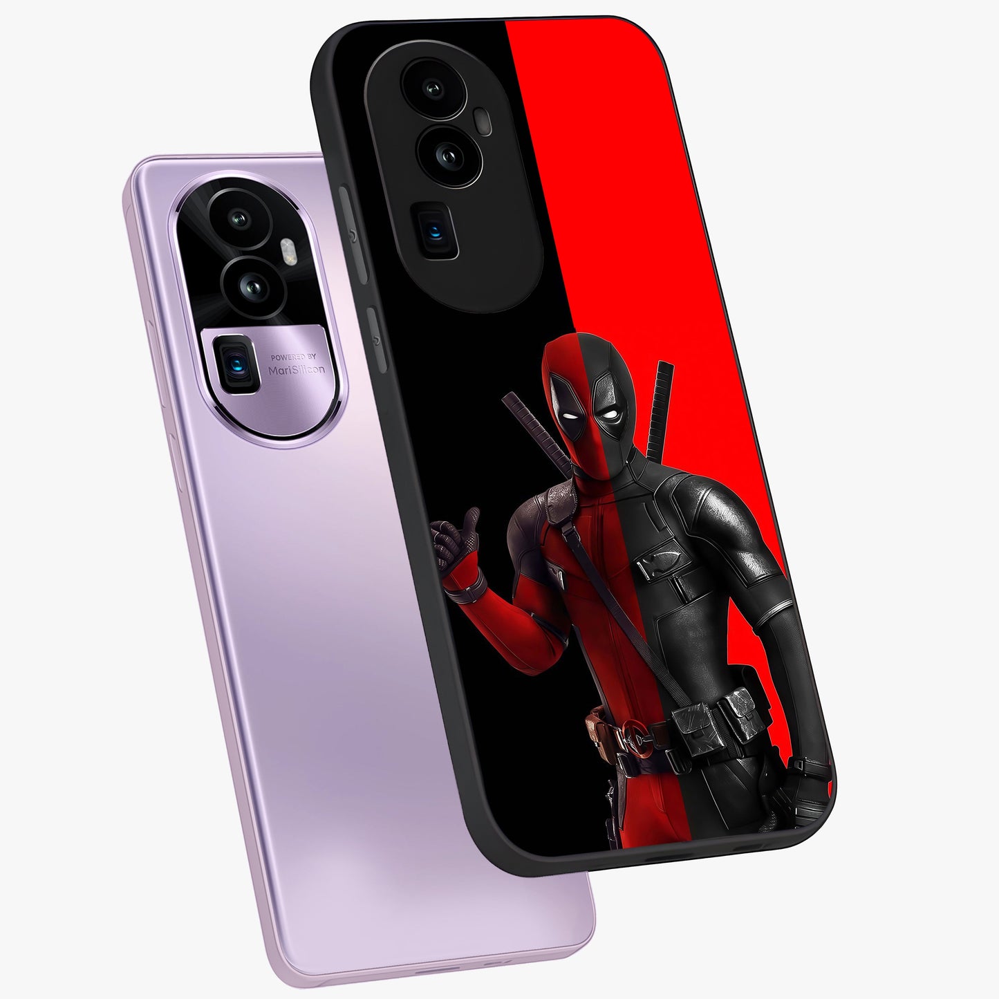 Red & Black Deadpool Theme Glass Case displayed in angled mockup highlighting vibrant superhero style illustration with action aesthetic.
